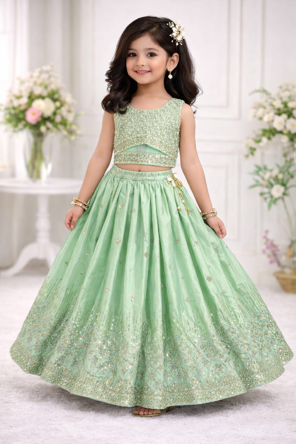 Elegant Mint Green,sky blue,rani pink Designer Kids Lehenga Choli with Heavy Embroidery All three come with golden embroidery, giving a rich traditional look ✨