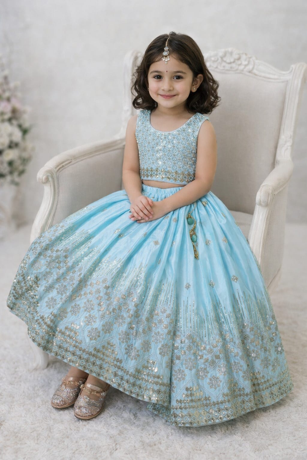 Elegant Mint Green,sky blue,rani pink Designer Kids Lehenga Choli with Heavy Embroidery All three come with golden embroidery, giving a rich traditional look ✨