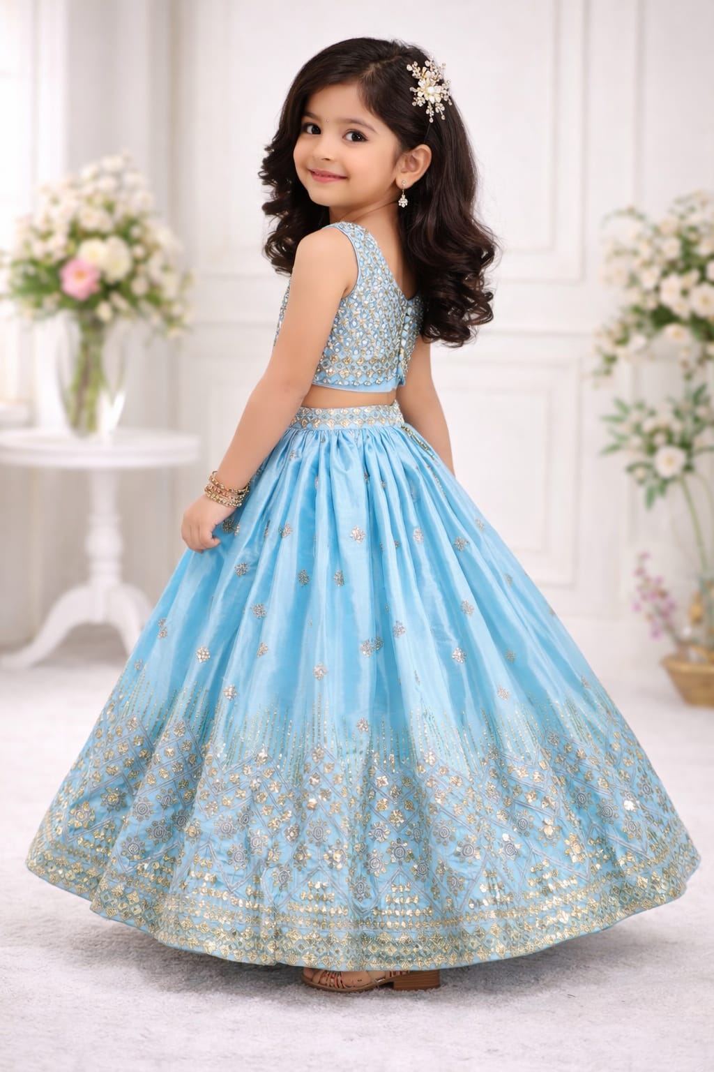 Elegant Mint Green,sky blue,rani pink Designer Kids Lehenga Choli with Heavy Embroidery All three come with golden embroidery, giving a rich traditional look ✨