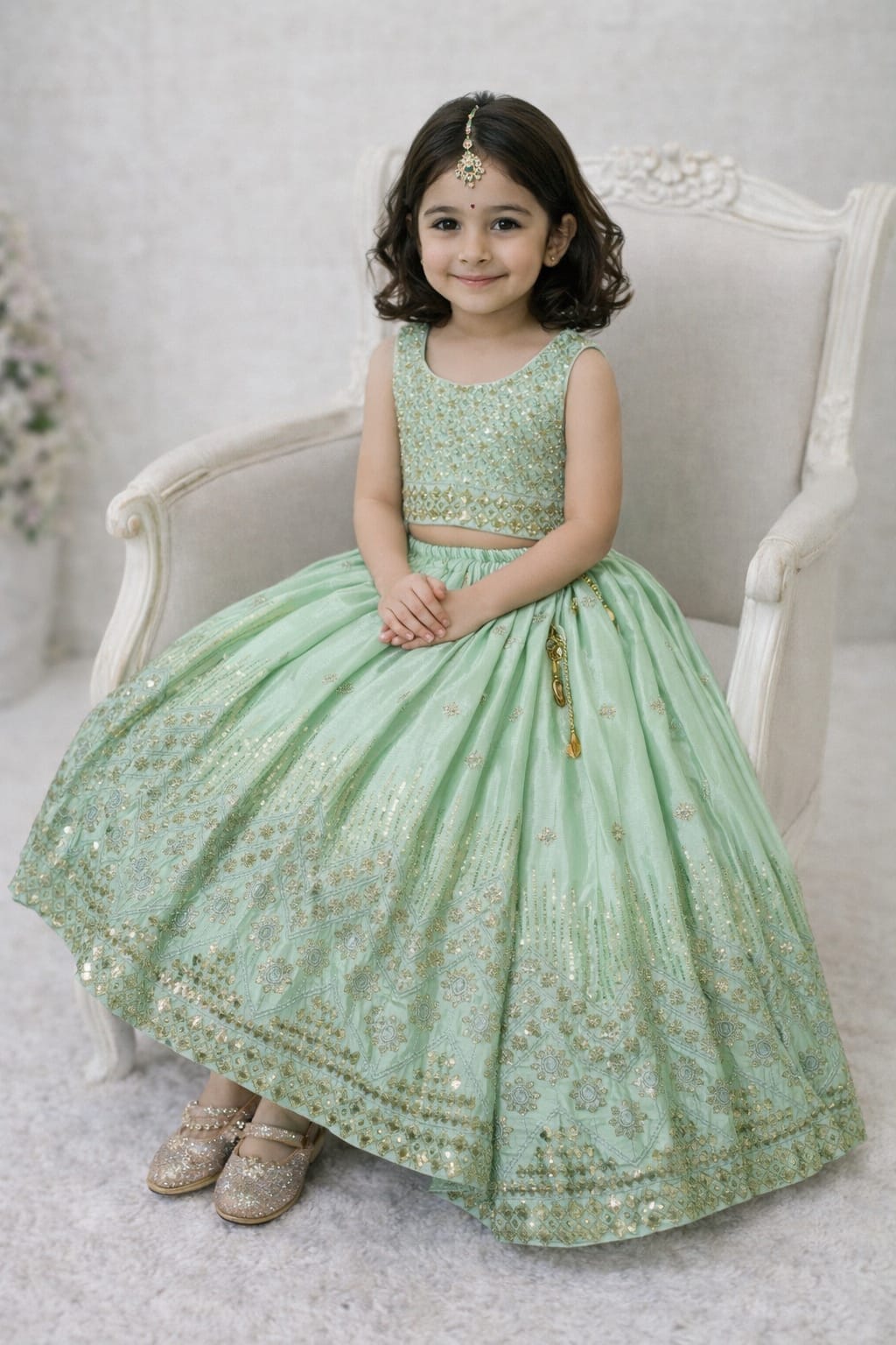 Elegant Mint Green,sky blue,rani pink Designer Kids Lehenga Choli with Heavy Embroidery All three come with golden embroidery, giving a rich traditional look ✨