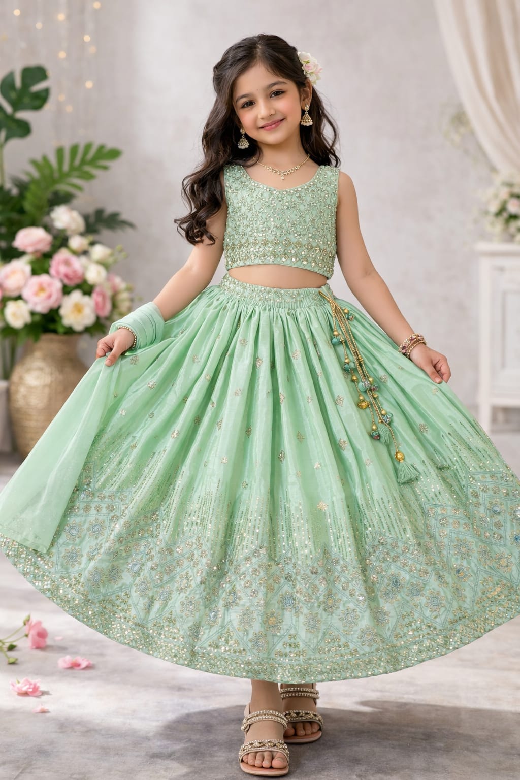 Elegant Mint Green,sky blue,rani pink Designer Kids Lehenga Choli with Heavy Embroidery All three come with golden embroidery, giving a rich traditional look ✨