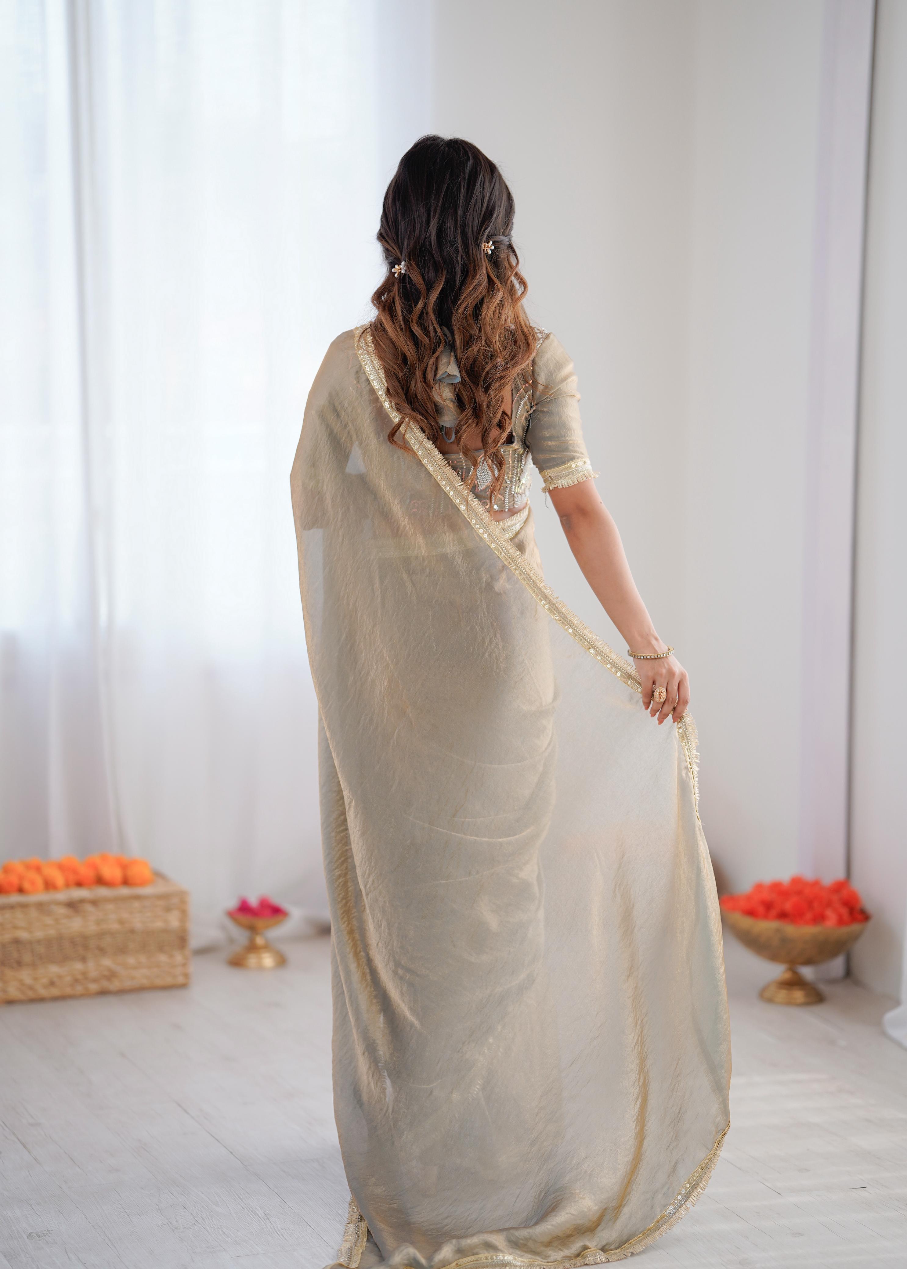 Elegant Metallic Grey Tissue Silk Saree with Embroidered Blouse