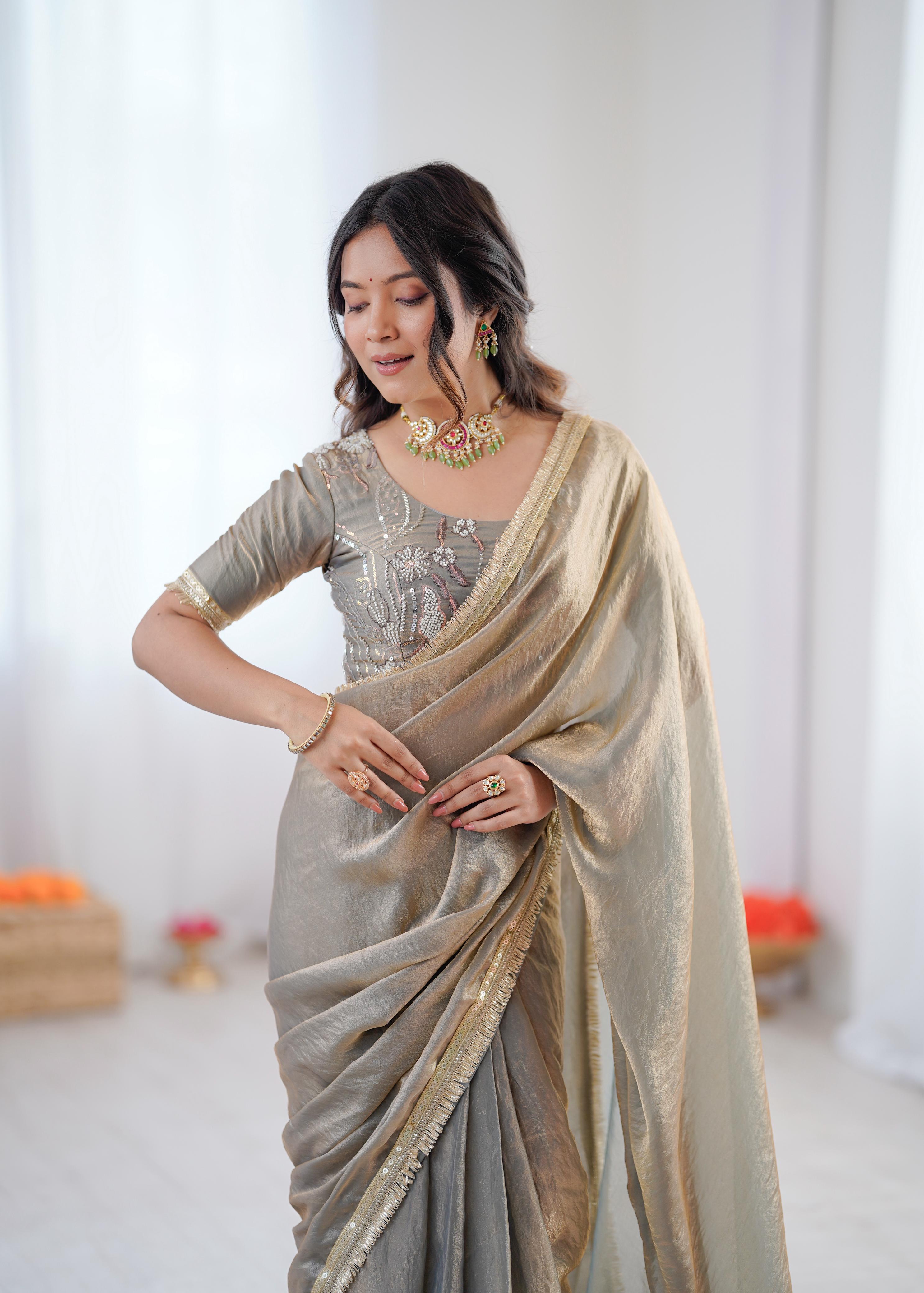 Elegant Metallic Grey Tissue Silk Saree with Embroidered Blouse