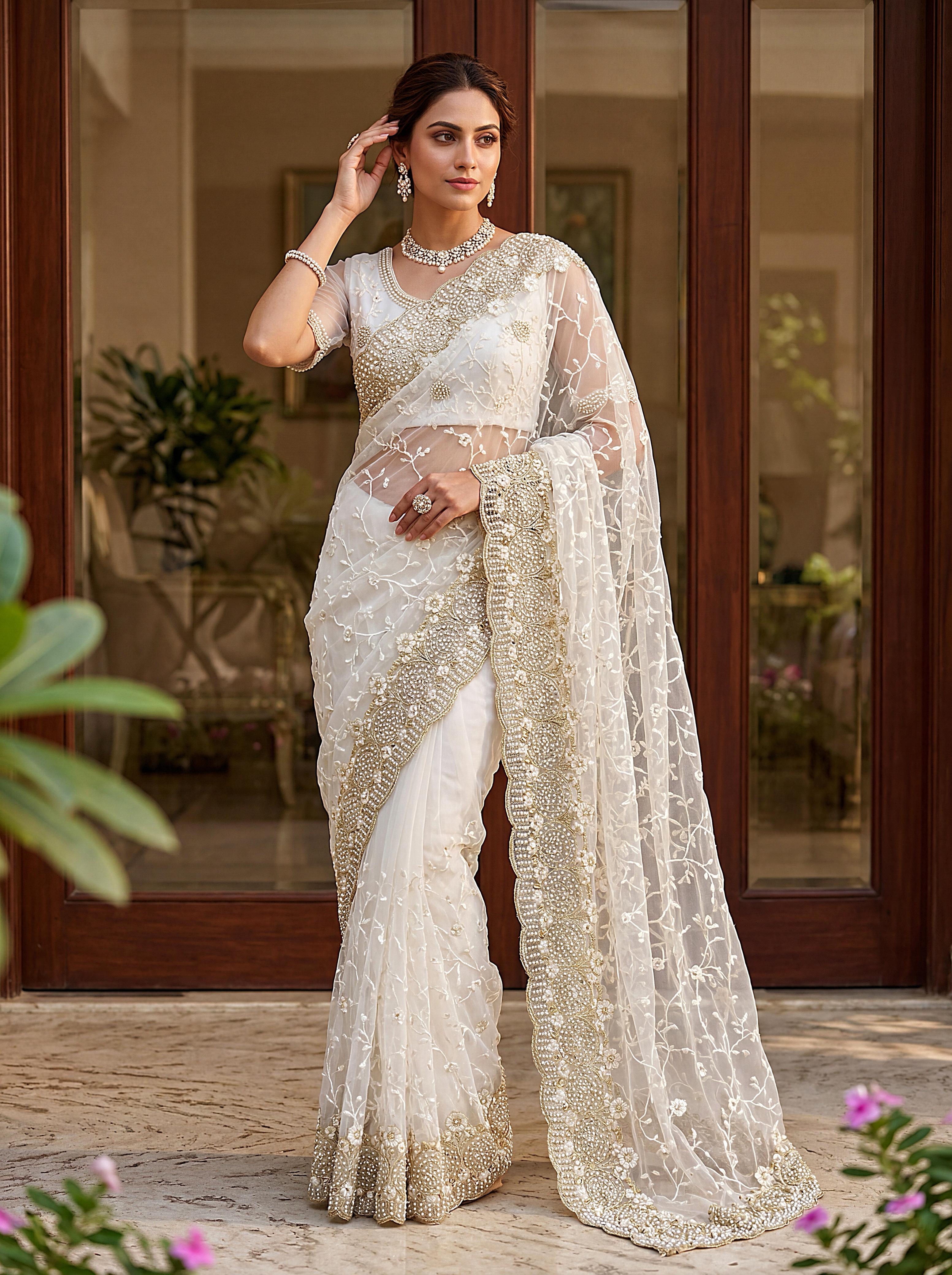Royal Designer Embroidered Net Saree with Heavy Zari Border – Elegant Party & Wedding Wear