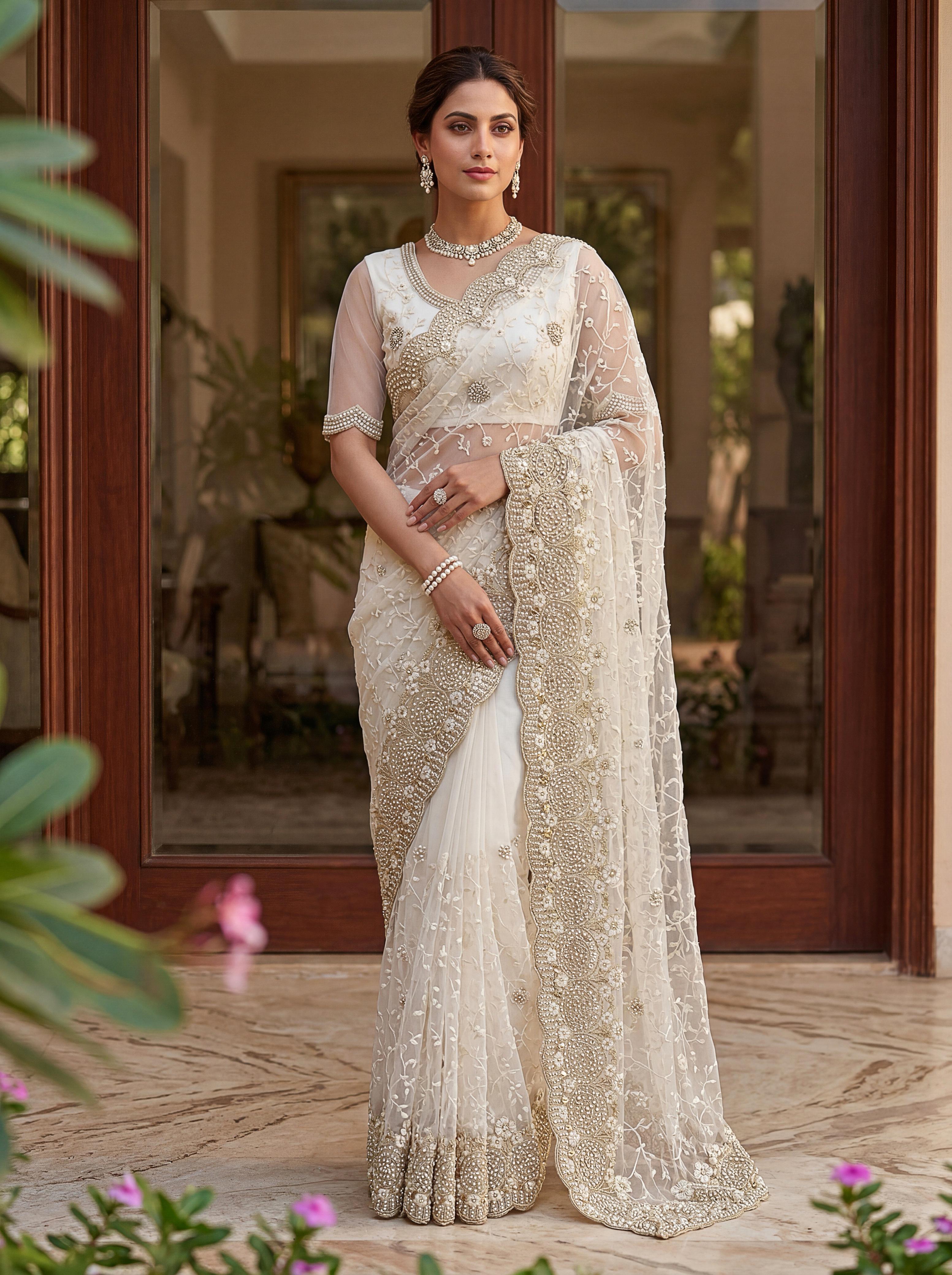Royal Designer Embroidered Net Saree with Heavy Zari Border – Elegant Party & Wedding Wear