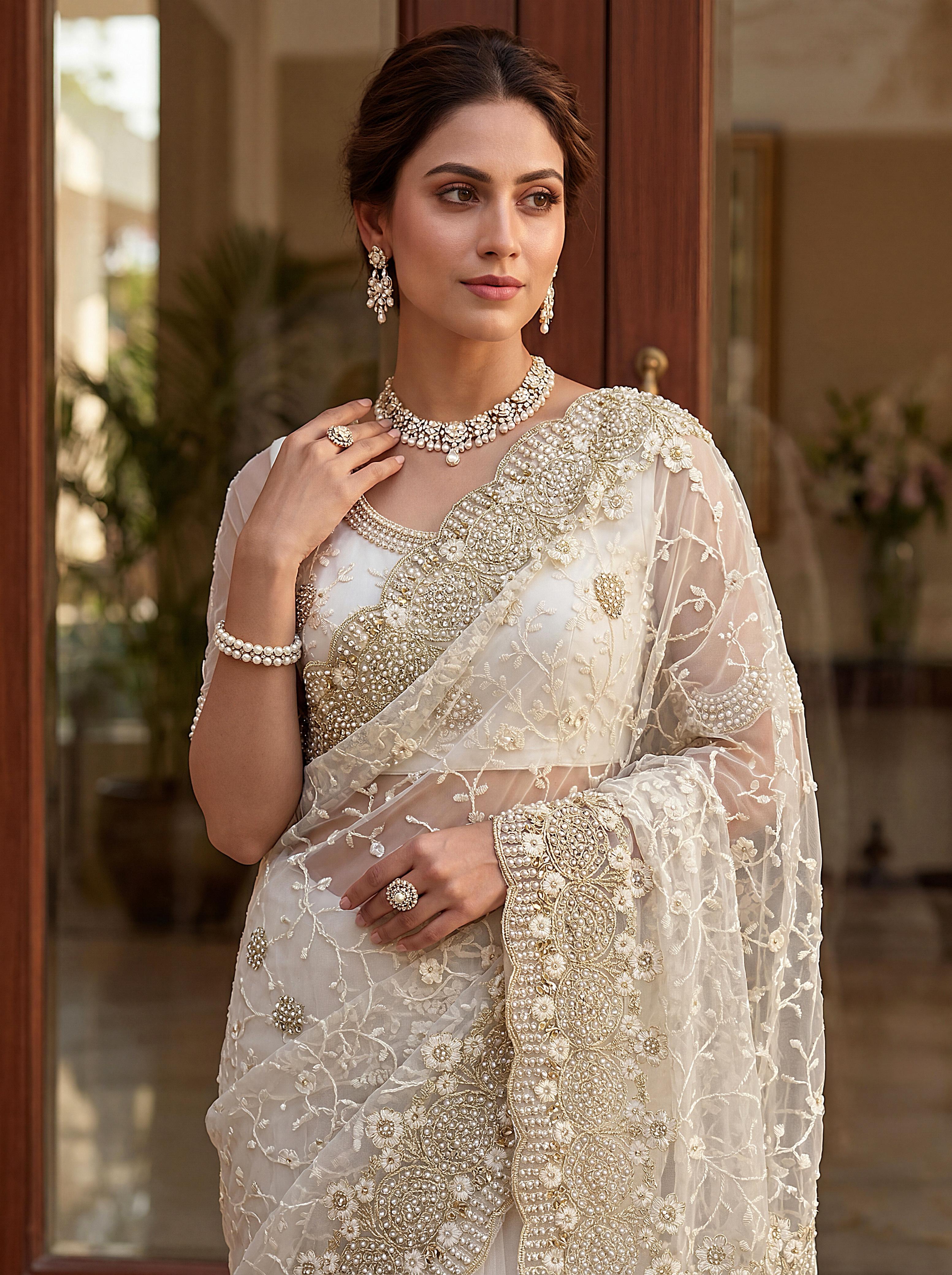 Royal Designer Embroidered Net Saree with Heavy Zari Border – Elegant Party & Wedding Wear