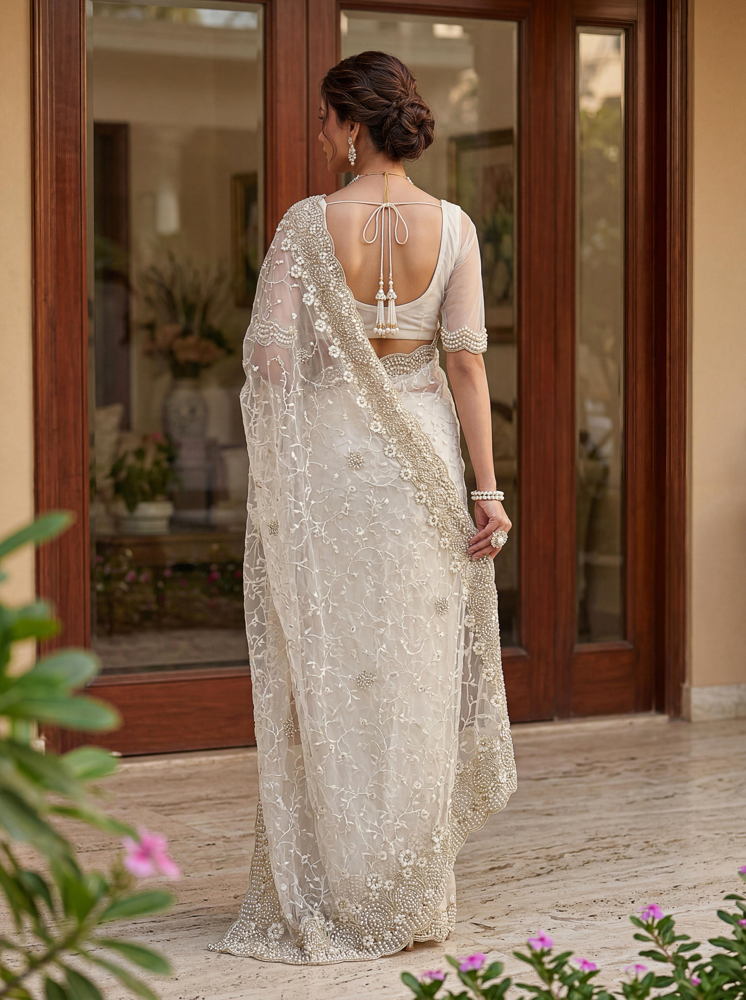 Royal Designer Embroidered Net Saree with Heavy Zari Border – Elegant Party & Wedding Wear