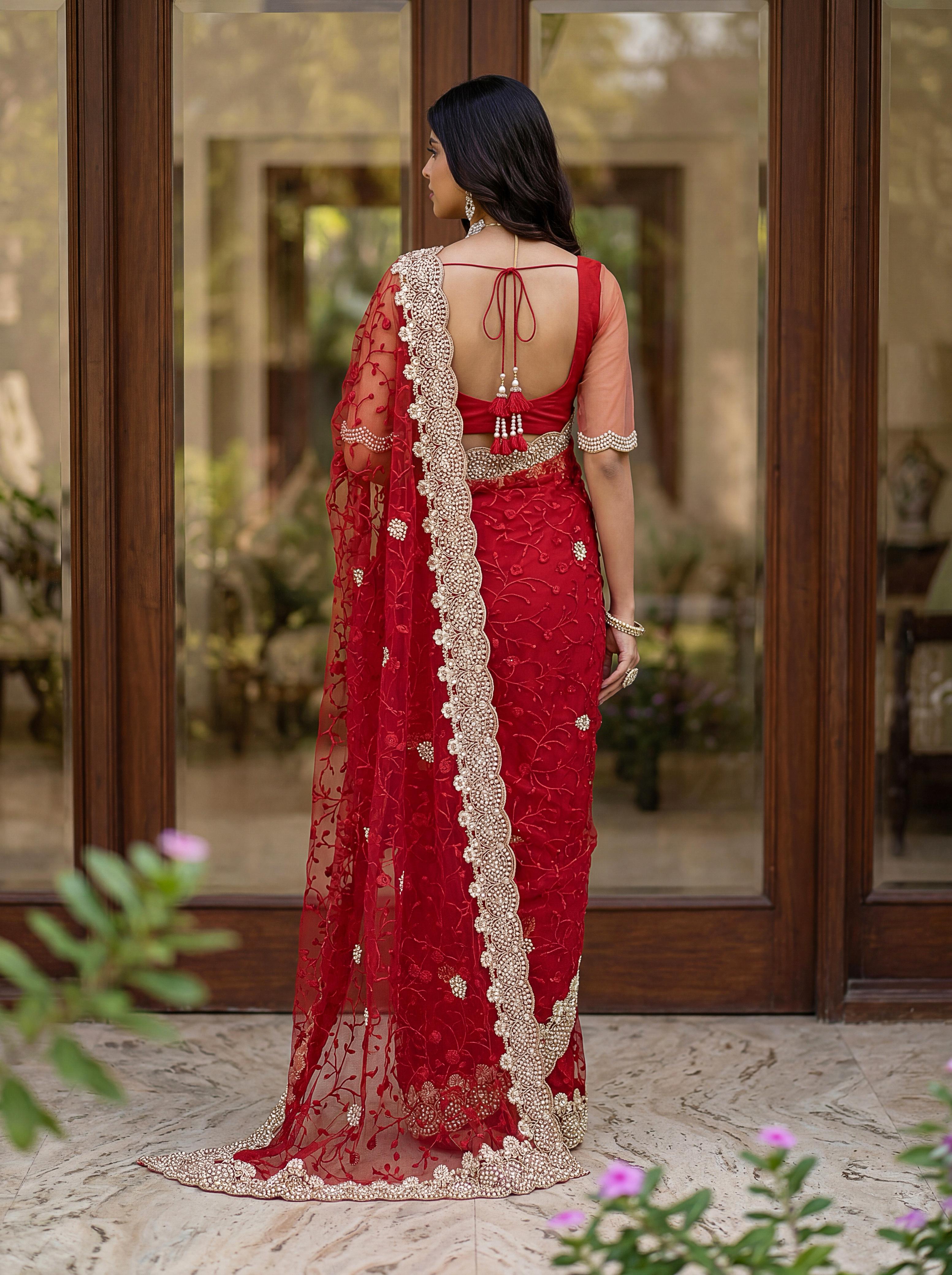 Royal Designer Embroidered Net Saree with Heavy Zari Border – Elegant Party & Wedding Wear