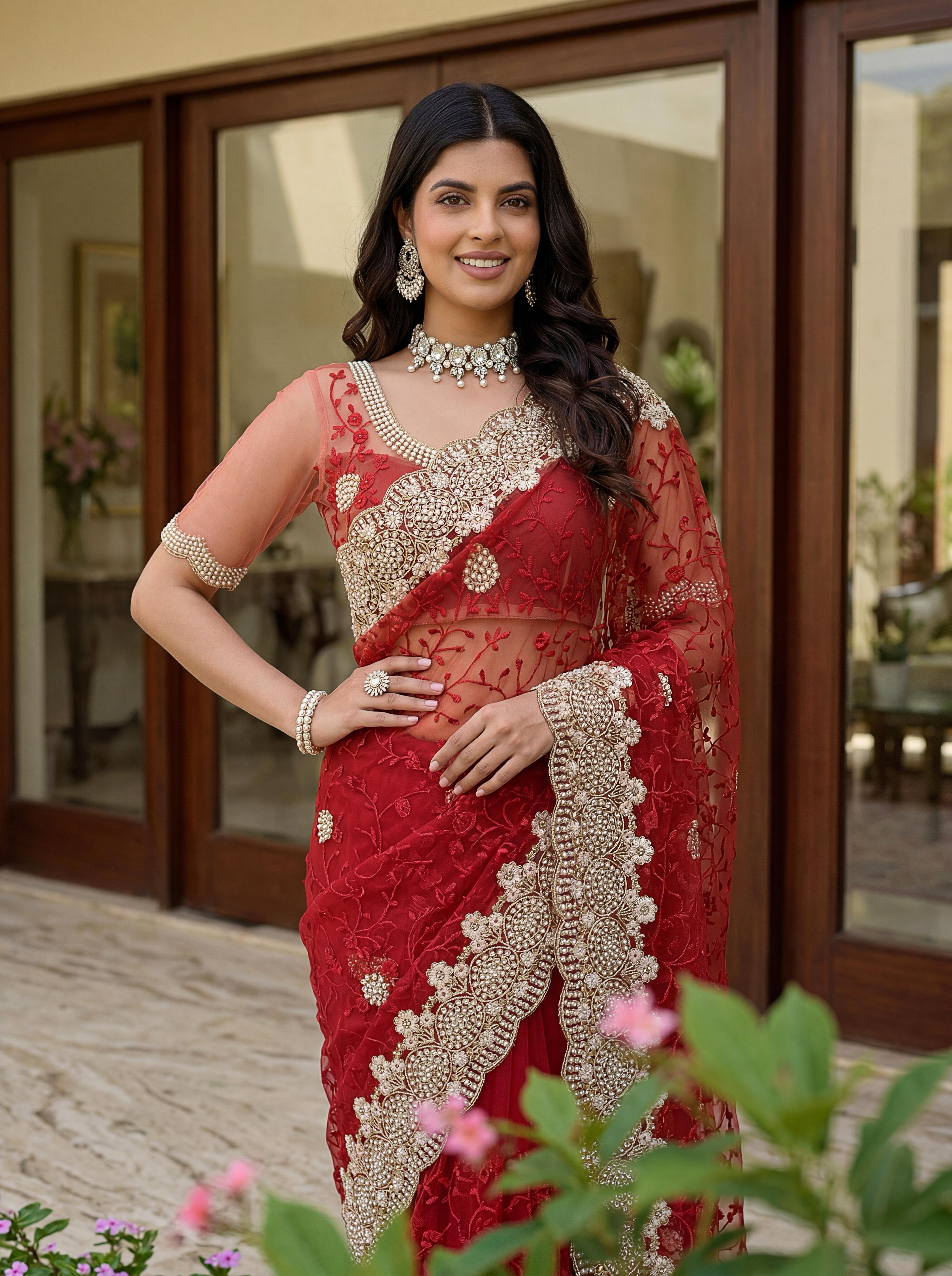 Royal Designer Embroidered Net Saree with Heavy Zari Border – Elegant Party & Wedding Wear