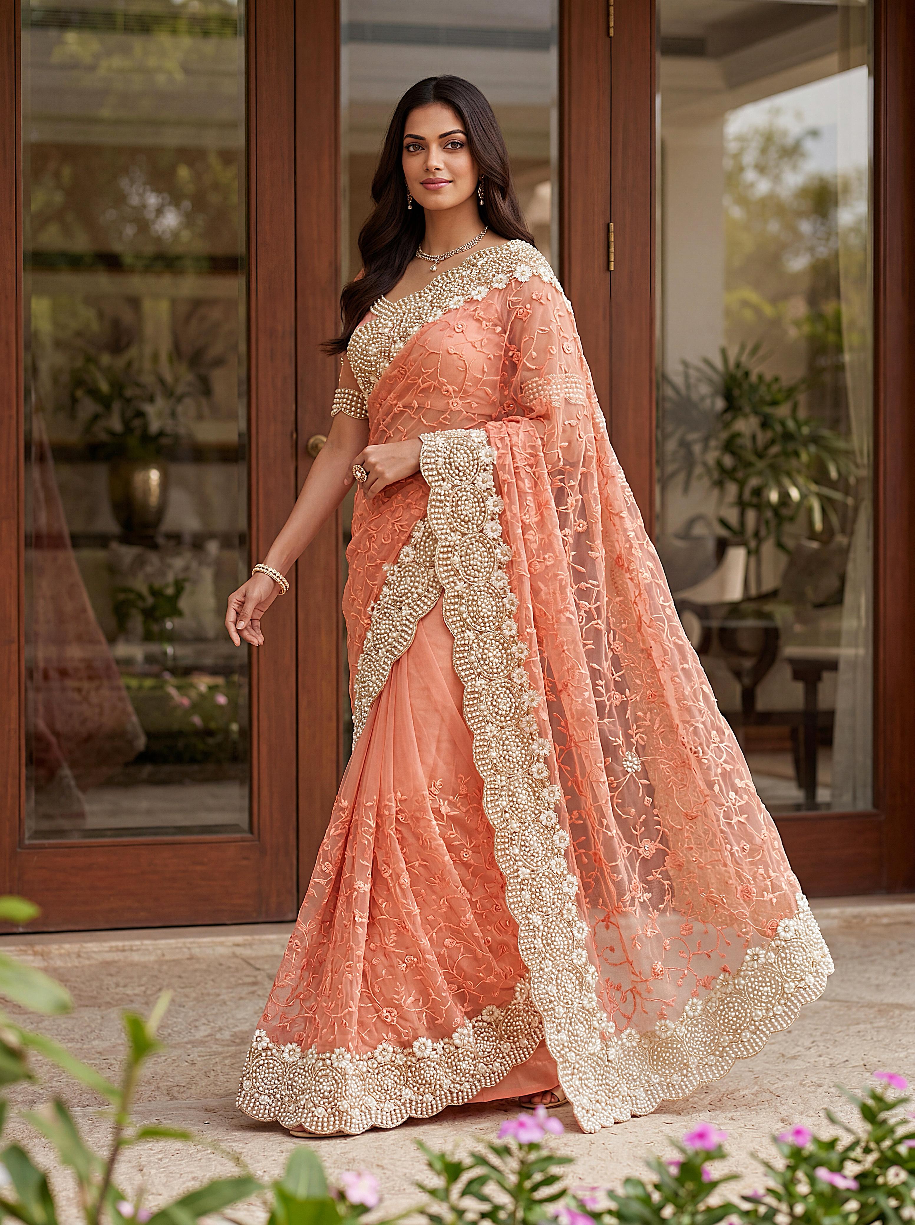 Royal Designer Embroidered Net Saree with Heavy Zari Border – Elegant Party & Wedding Wear