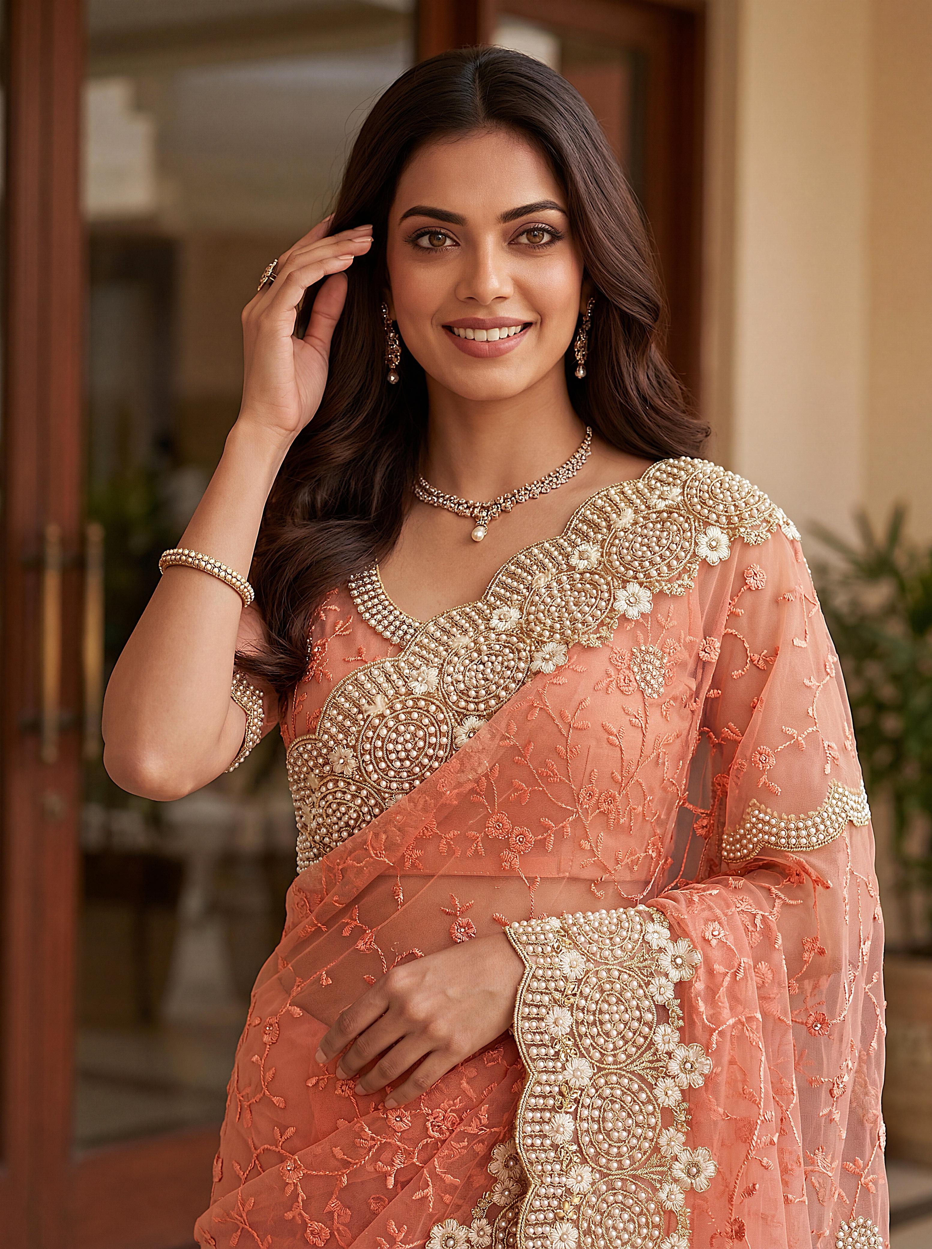 Royal Designer Embroidered Net Saree with Heavy Zari Border – Elegant Party & Wedding Wear