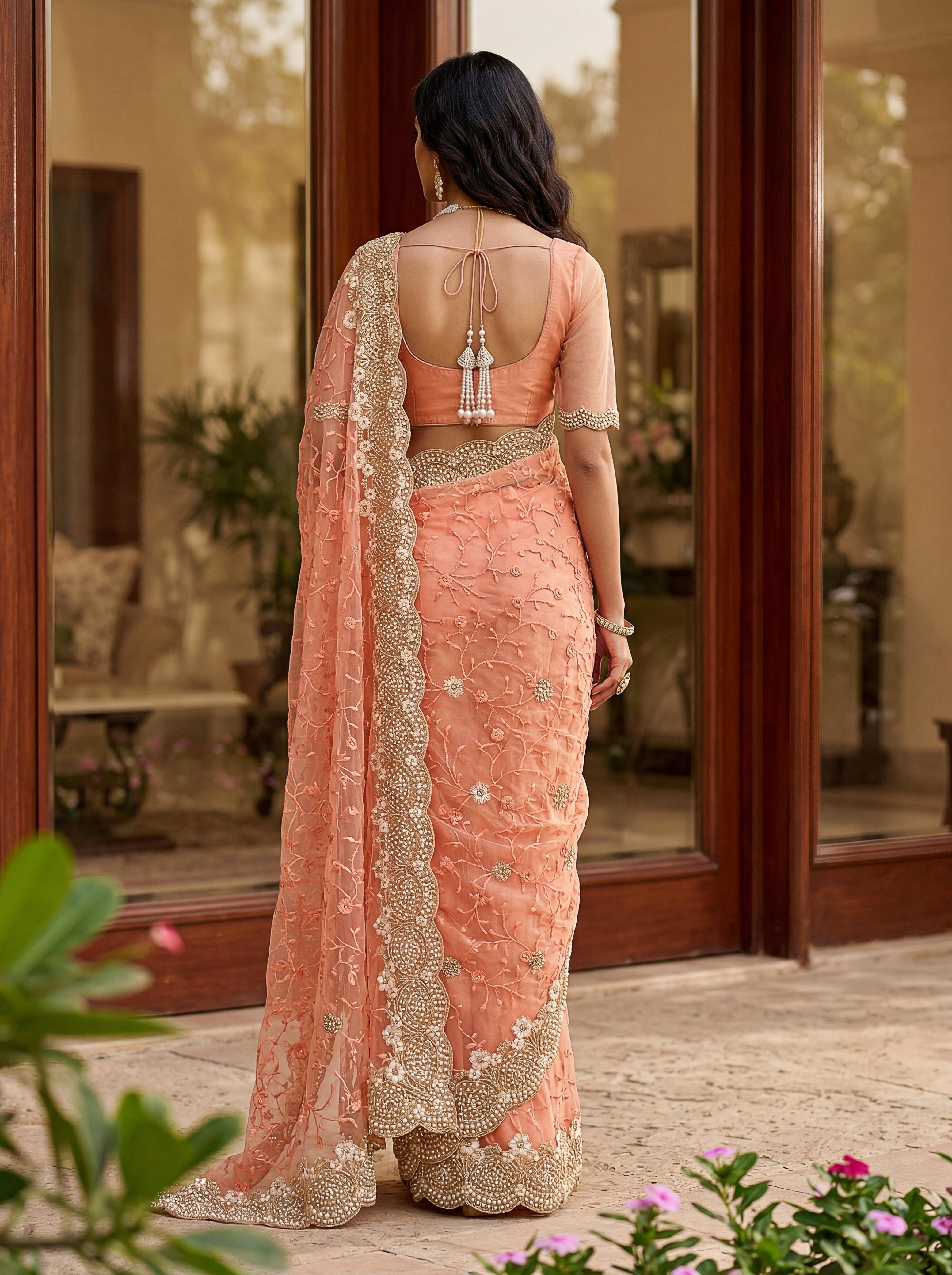 Royal Designer Embroidered Net Saree with Heavy Zari Border – Elegant Party & Wedding Wear