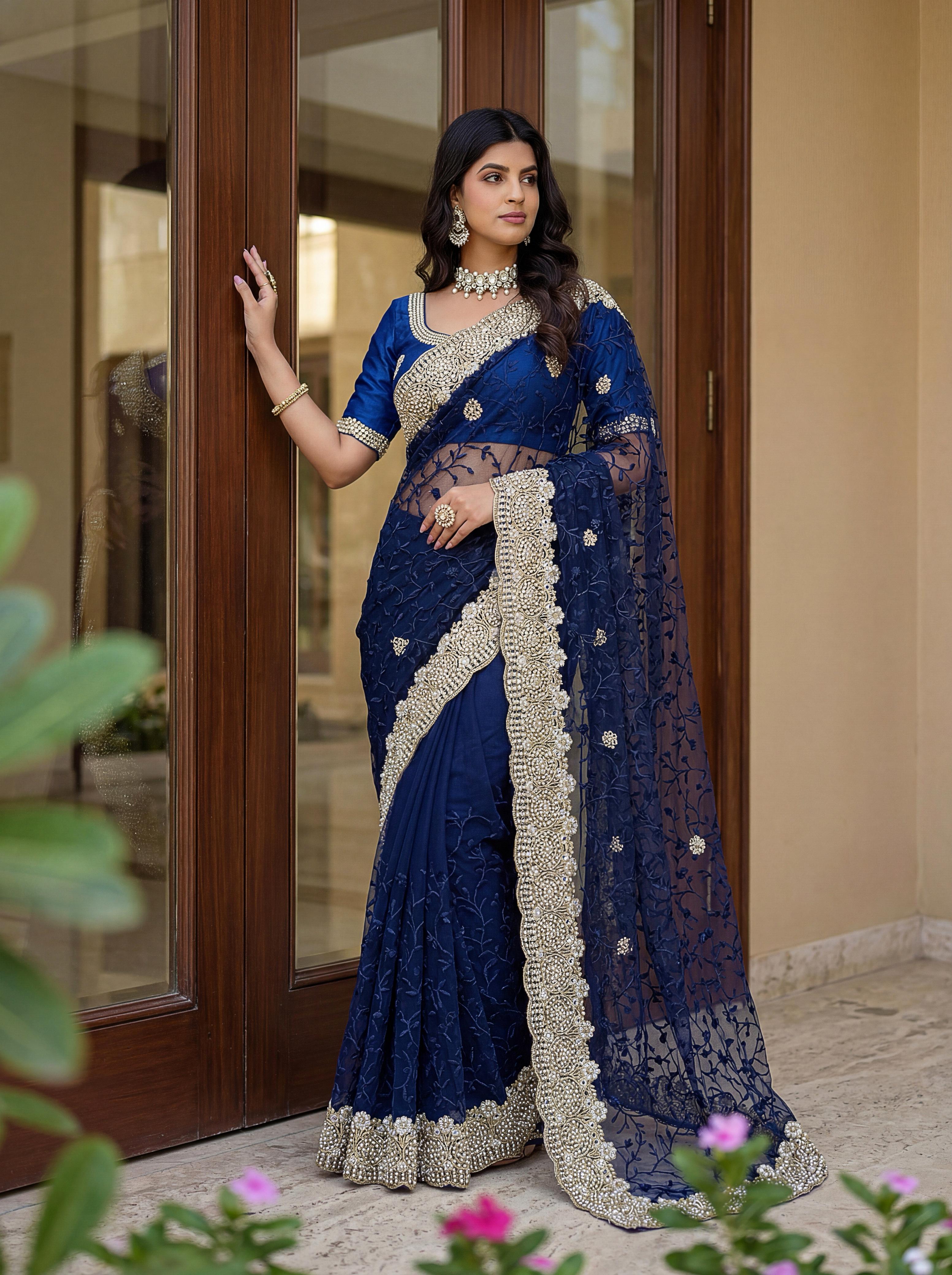 Royal Designer Embroidered Net Saree with Heavy Zari Border – Elegant Party & Wedding Wear