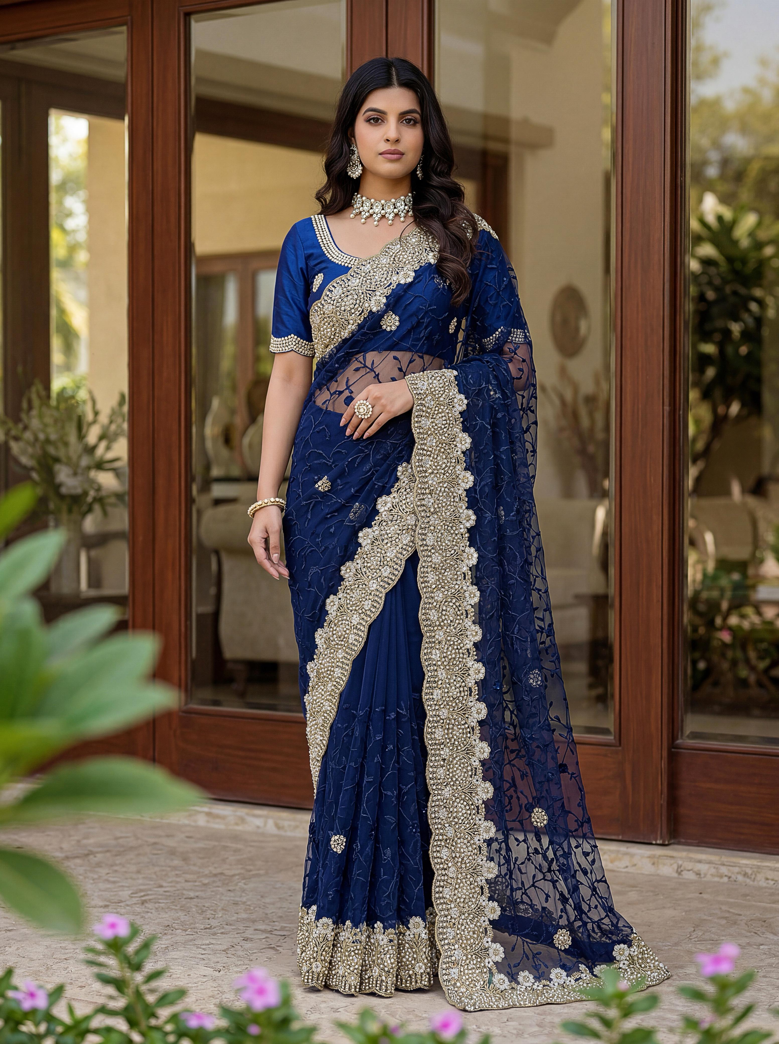 Royal Designer Embroidered Net Saree with Heavy Zari Border – Elegant Party & Wedding Wear