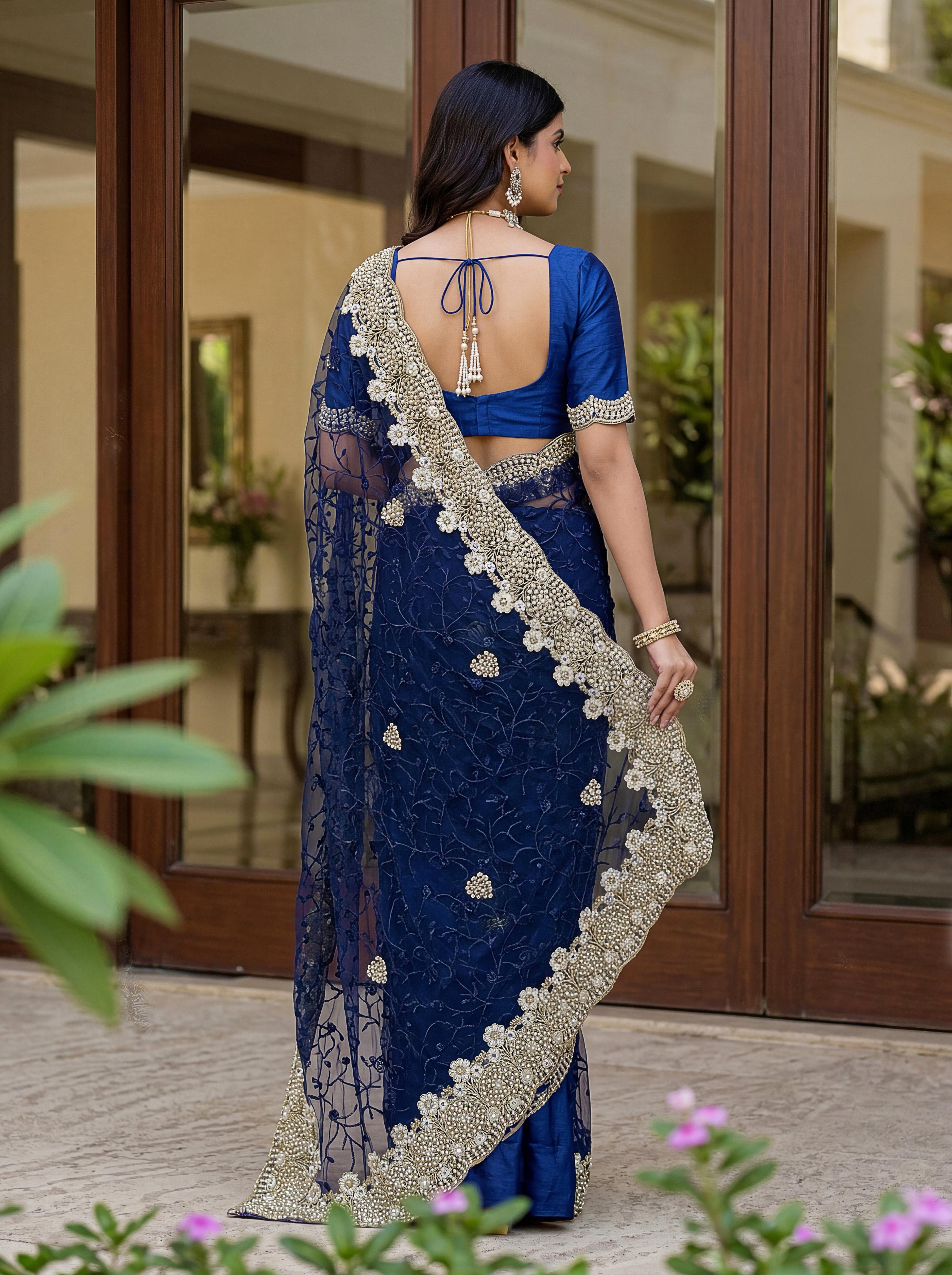 Royal Designer Embroidered Net Saree with Heavy Zari Border – Elegant Party & Wedding Wear