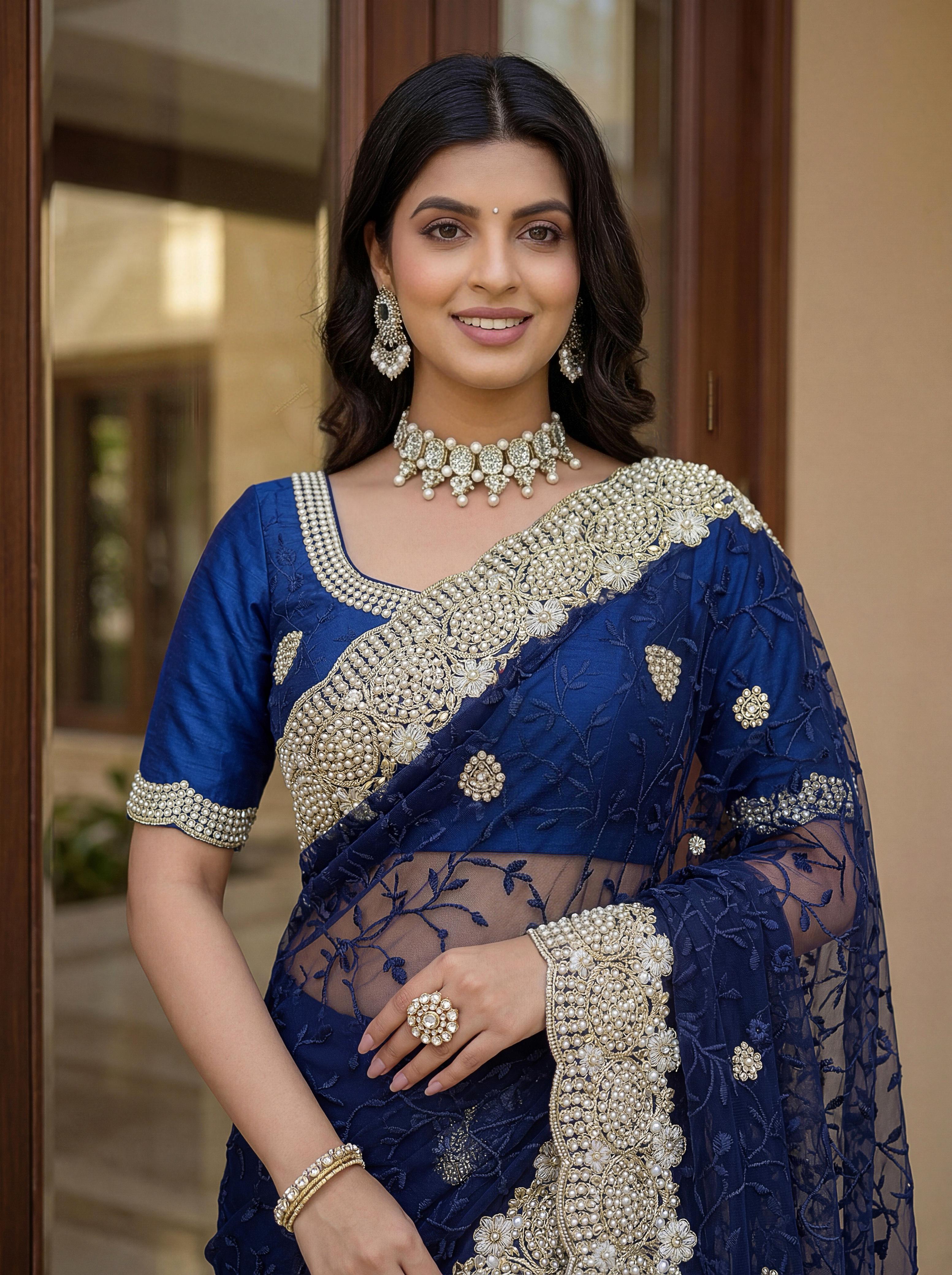 Royal Designer Embroidered Net Saree with Heavy Zari Border – Elegant Party & Wedding Wear