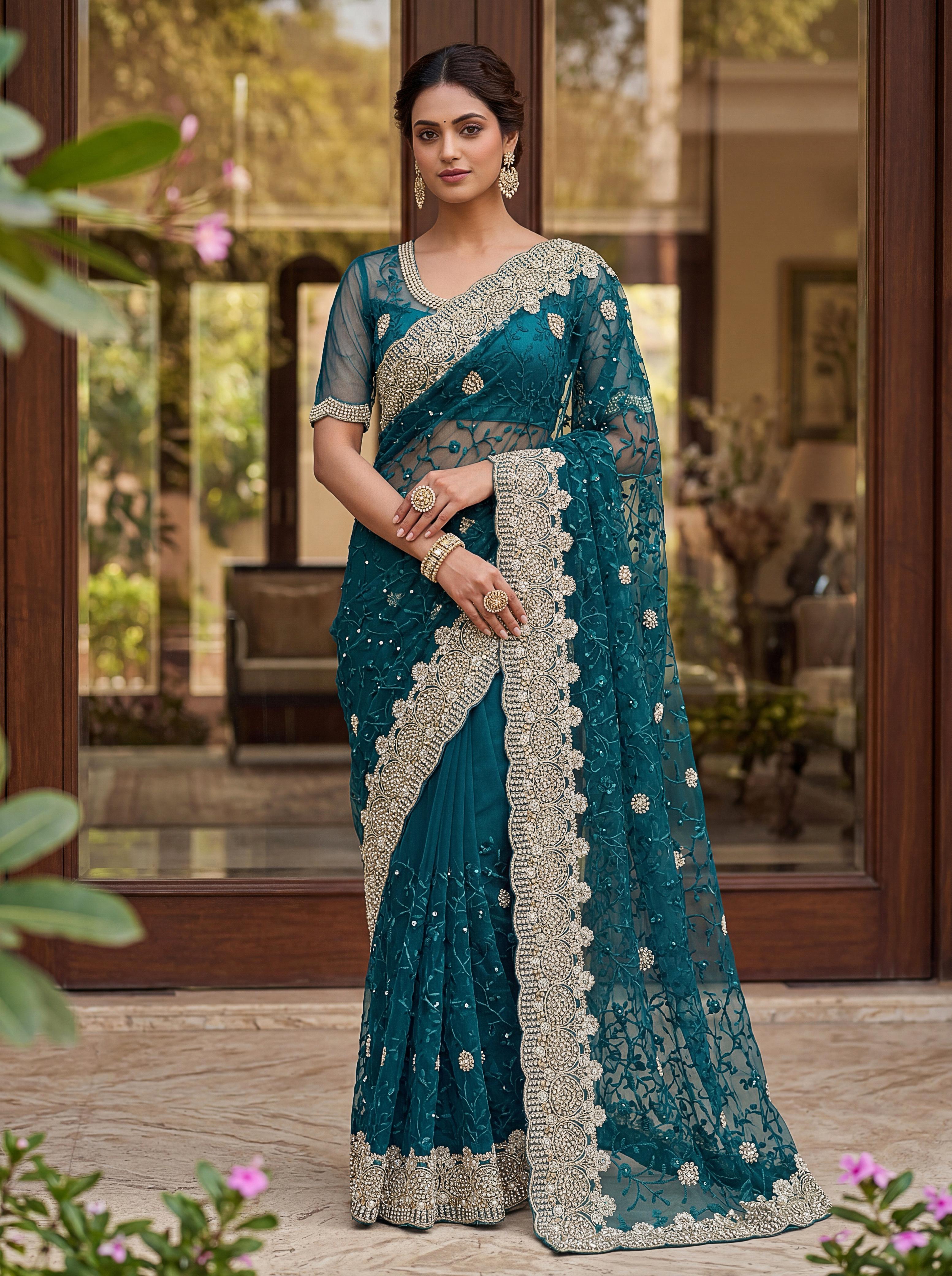 Royal Designer Embroidered Net Saree with Heavy Zari Border – Elegant Party & Wedding Wear