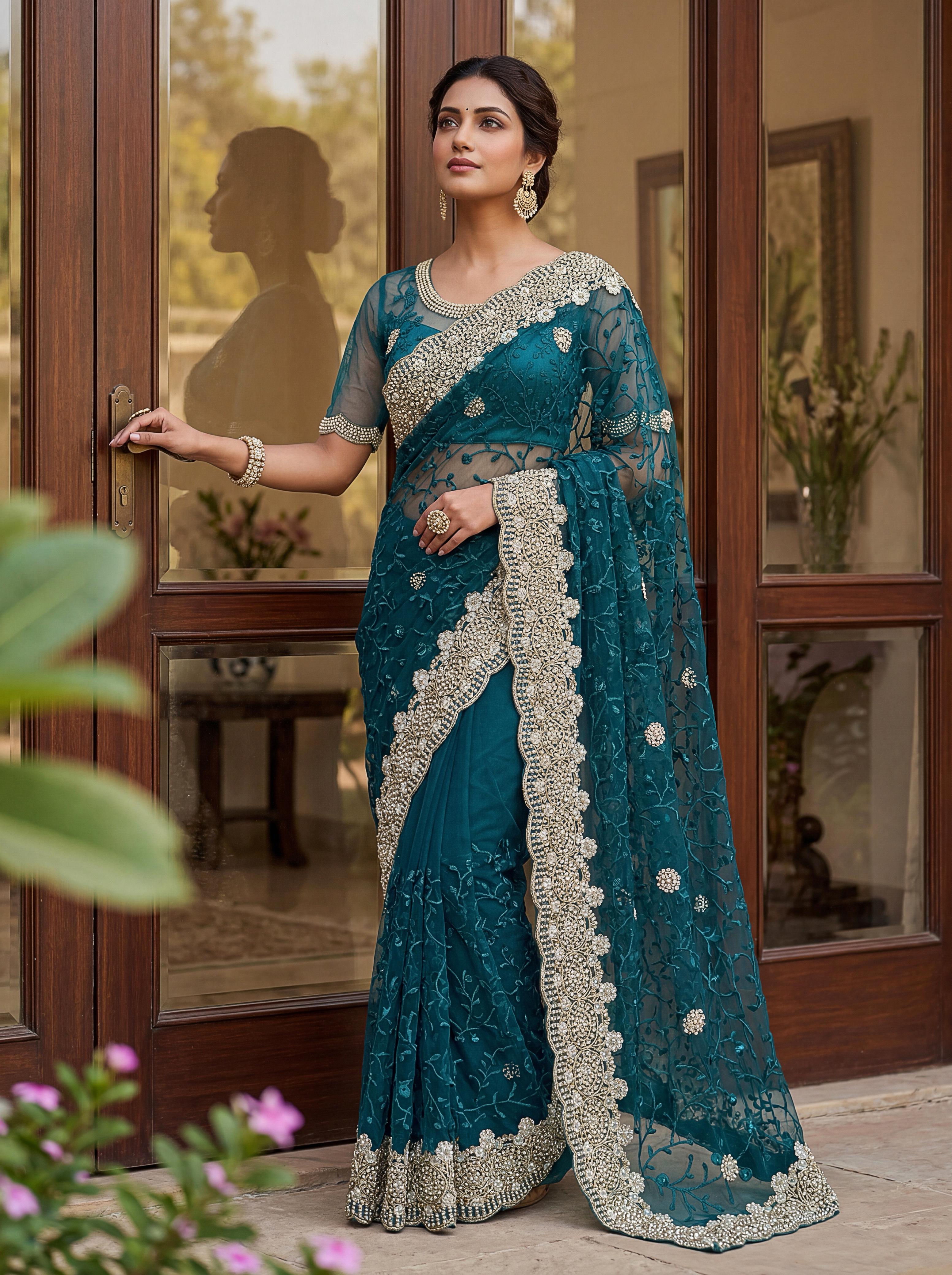 Royal Designer Embroidered Net Saree with Heavy Zari Border – Elegant Party & Wedding Wear