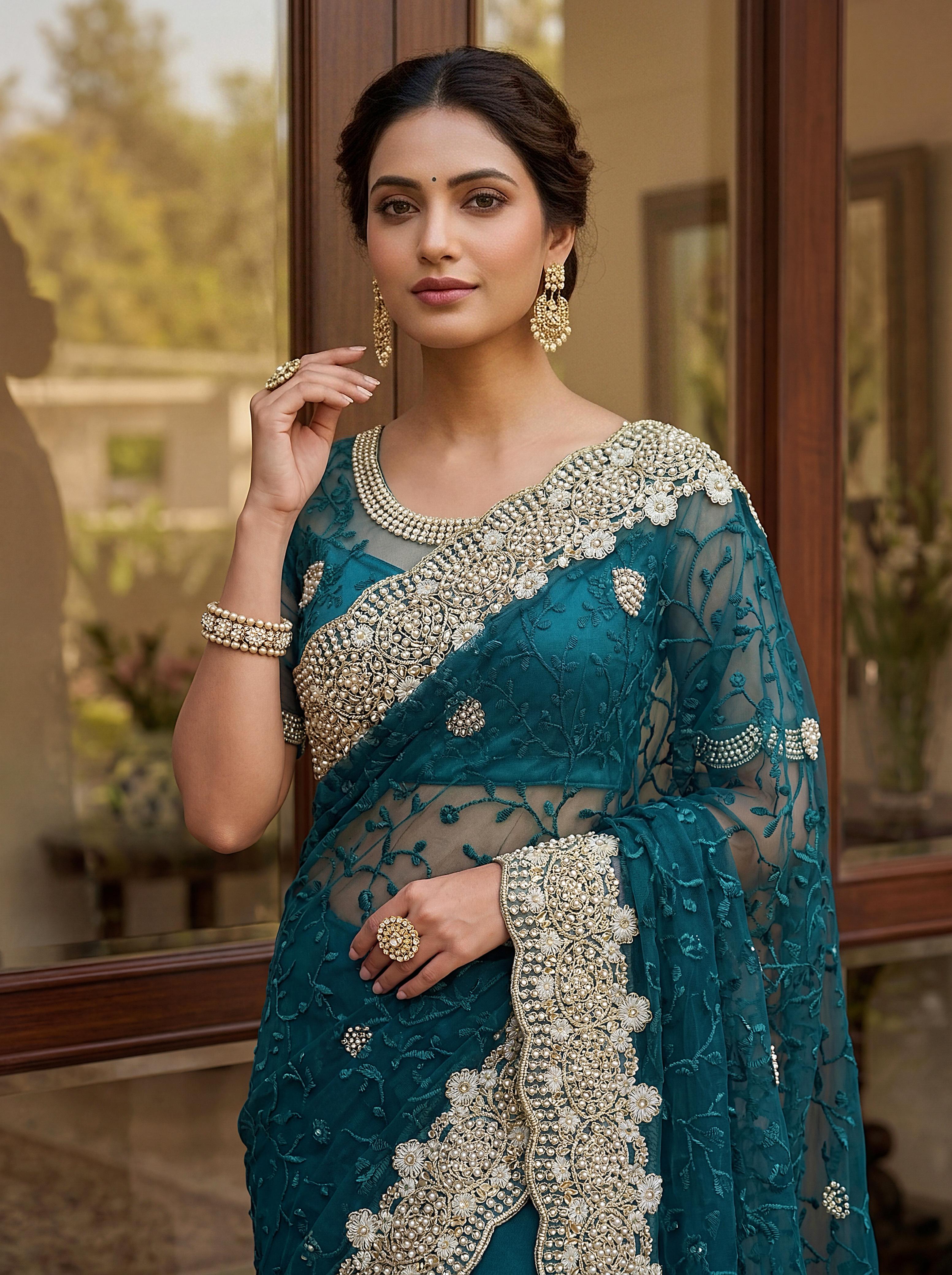 Royal Designer Embroidered Net Saree with Heavy Zari Border – Elegant Party & Wedding Wear