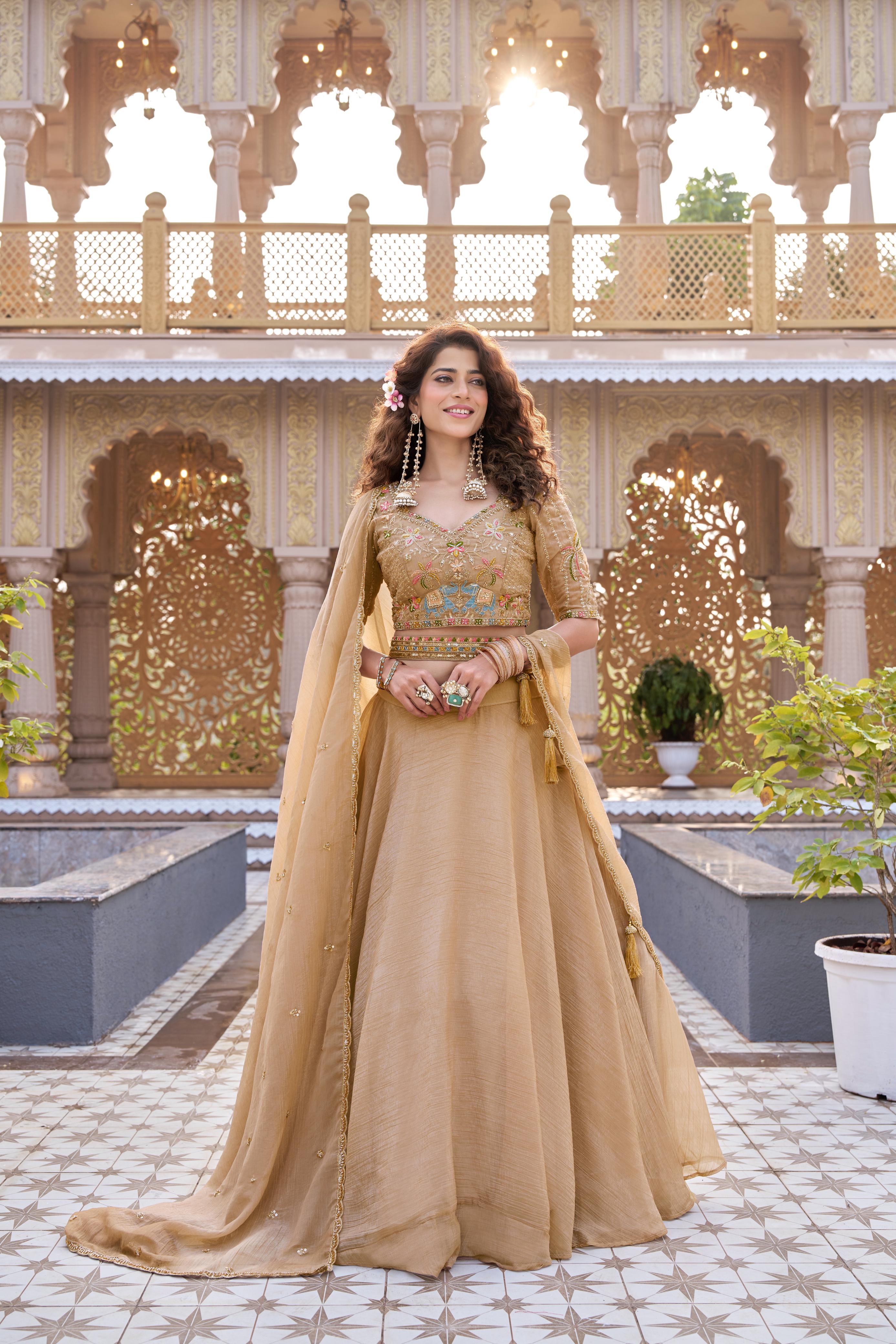 Royal Dual-Tone Lehenga Choli Beige & Rani Pink Embroidered Festive Wear