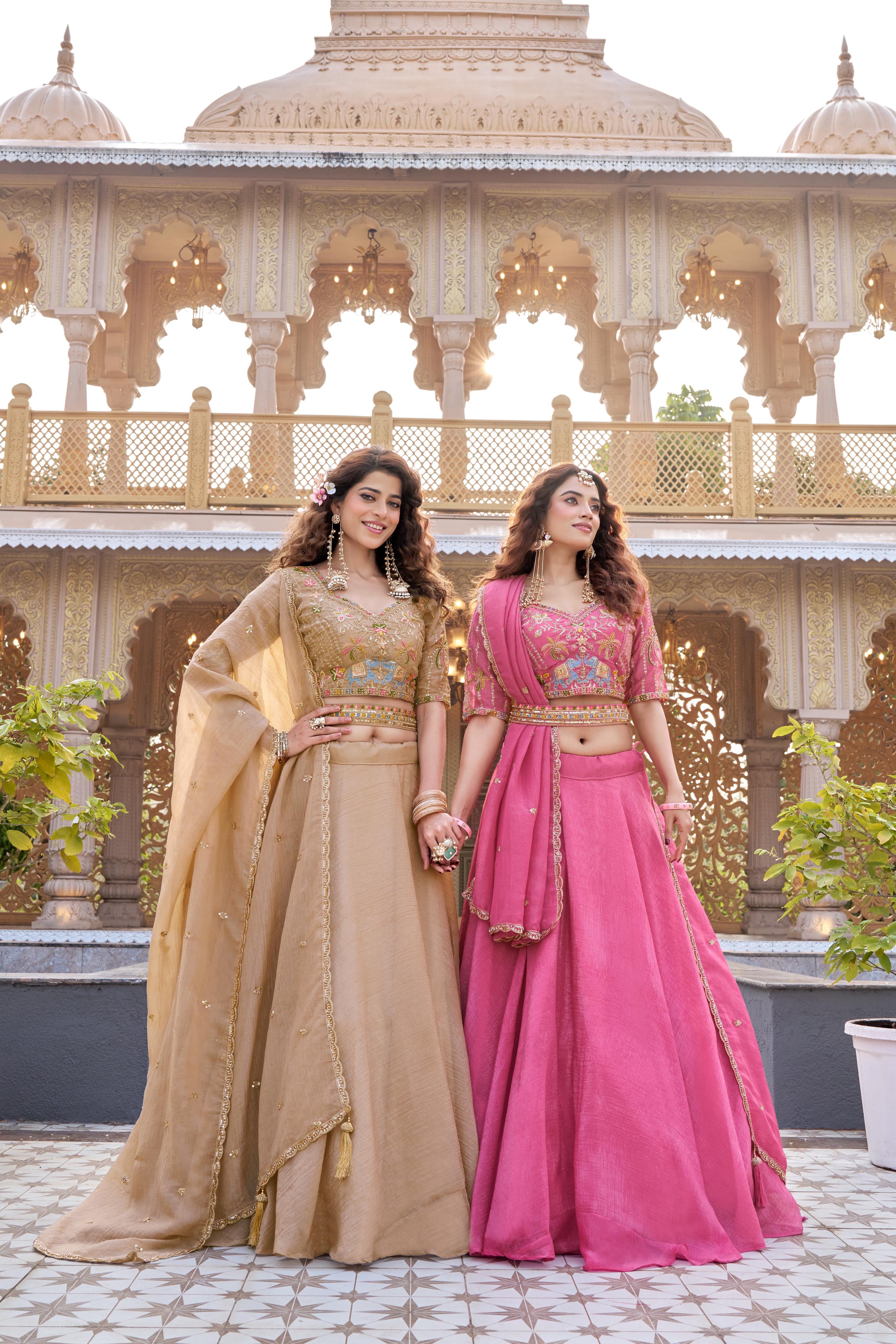 Royal Dual-Tone Lehenga Choli Beige & Rani Pink Embroidered Festive Wear