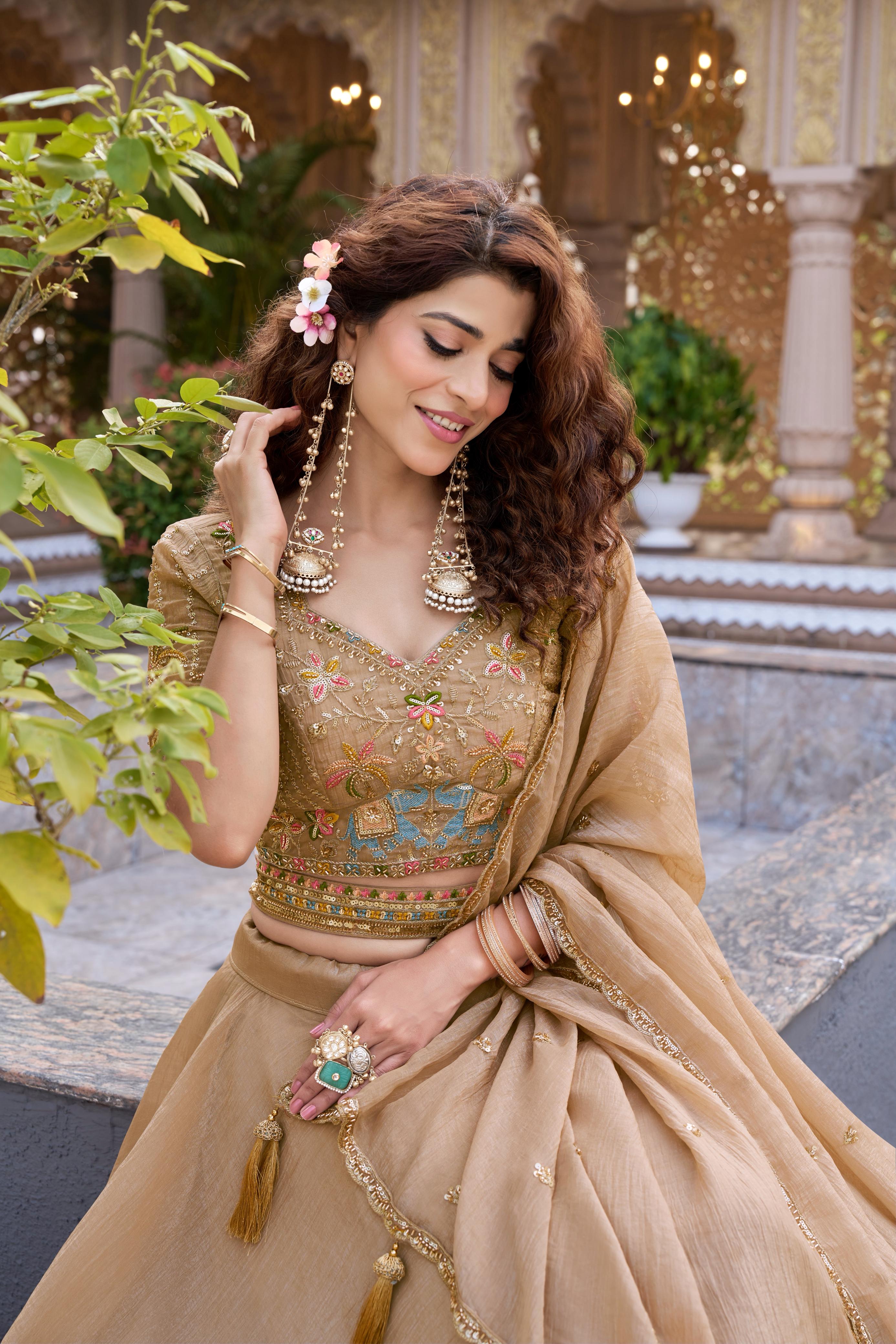 Royal Dual-Tone Lehenga Choli Beige & Rani Pink Embroidered Festive Wear