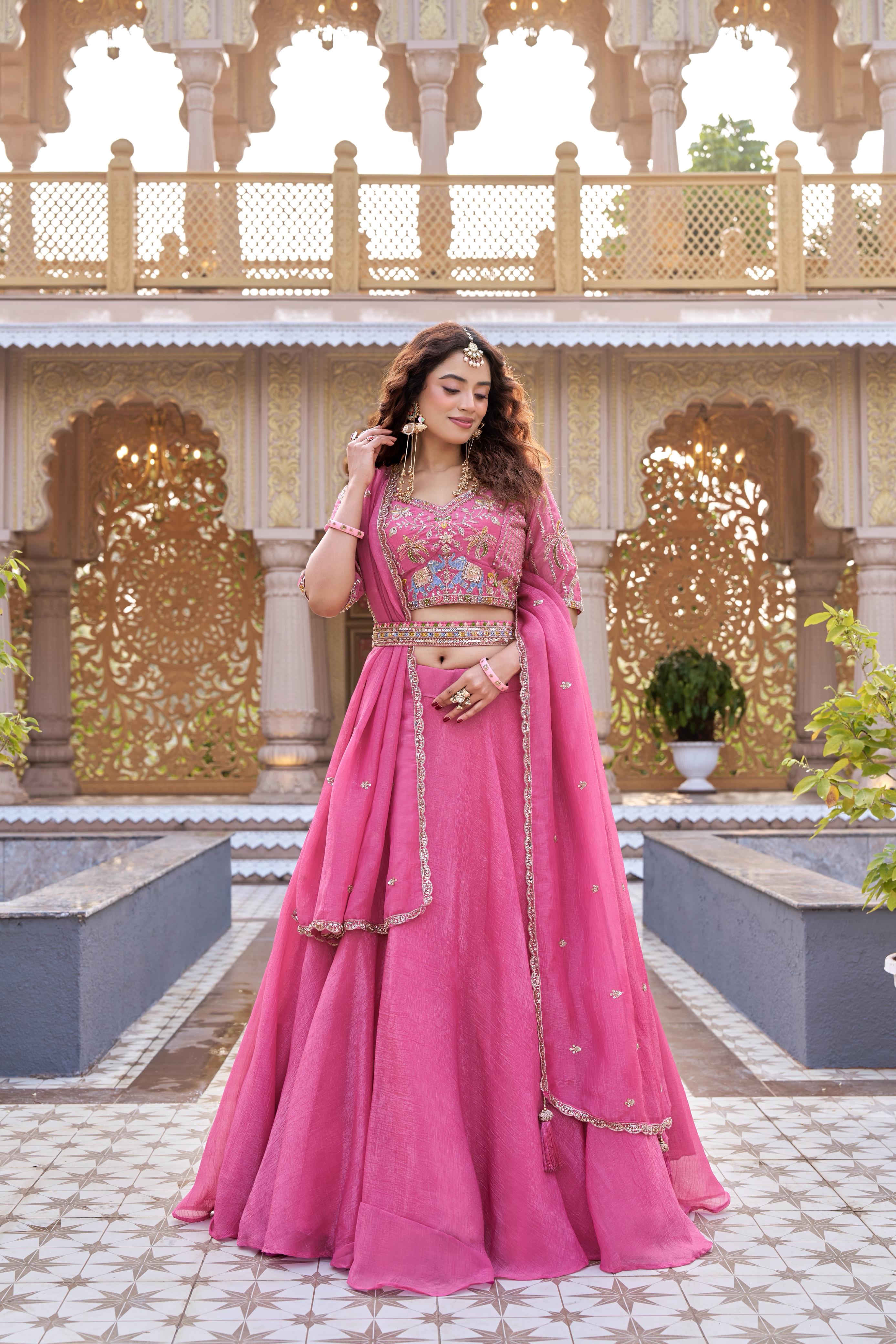 Royal Dual-Tone Lehenga Choli Beige & Rani Pink Embroidered Festive Wear