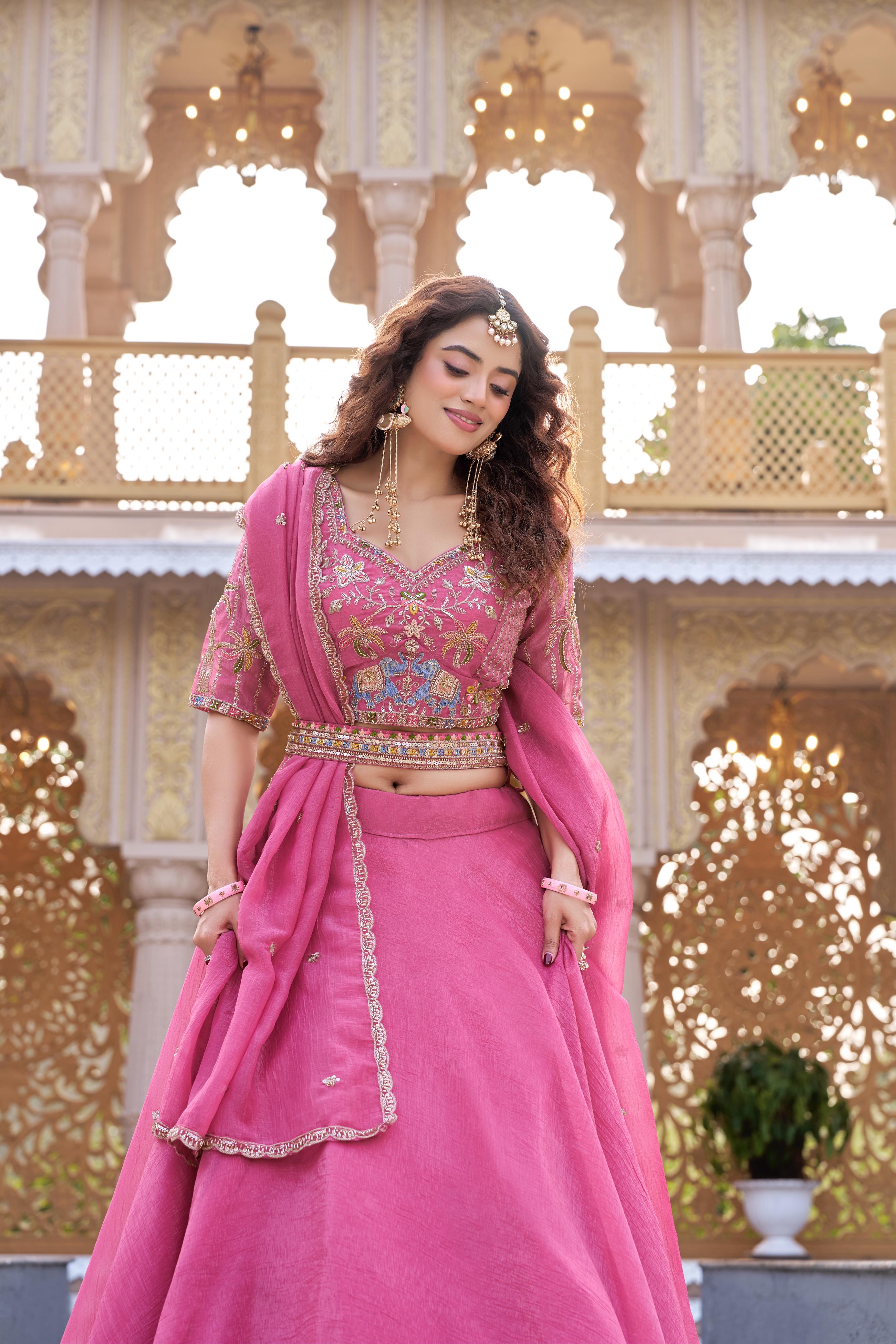Royal Dual-Tone Lehenga Choli Beige & Rani Pink Embroidered Festive Wear