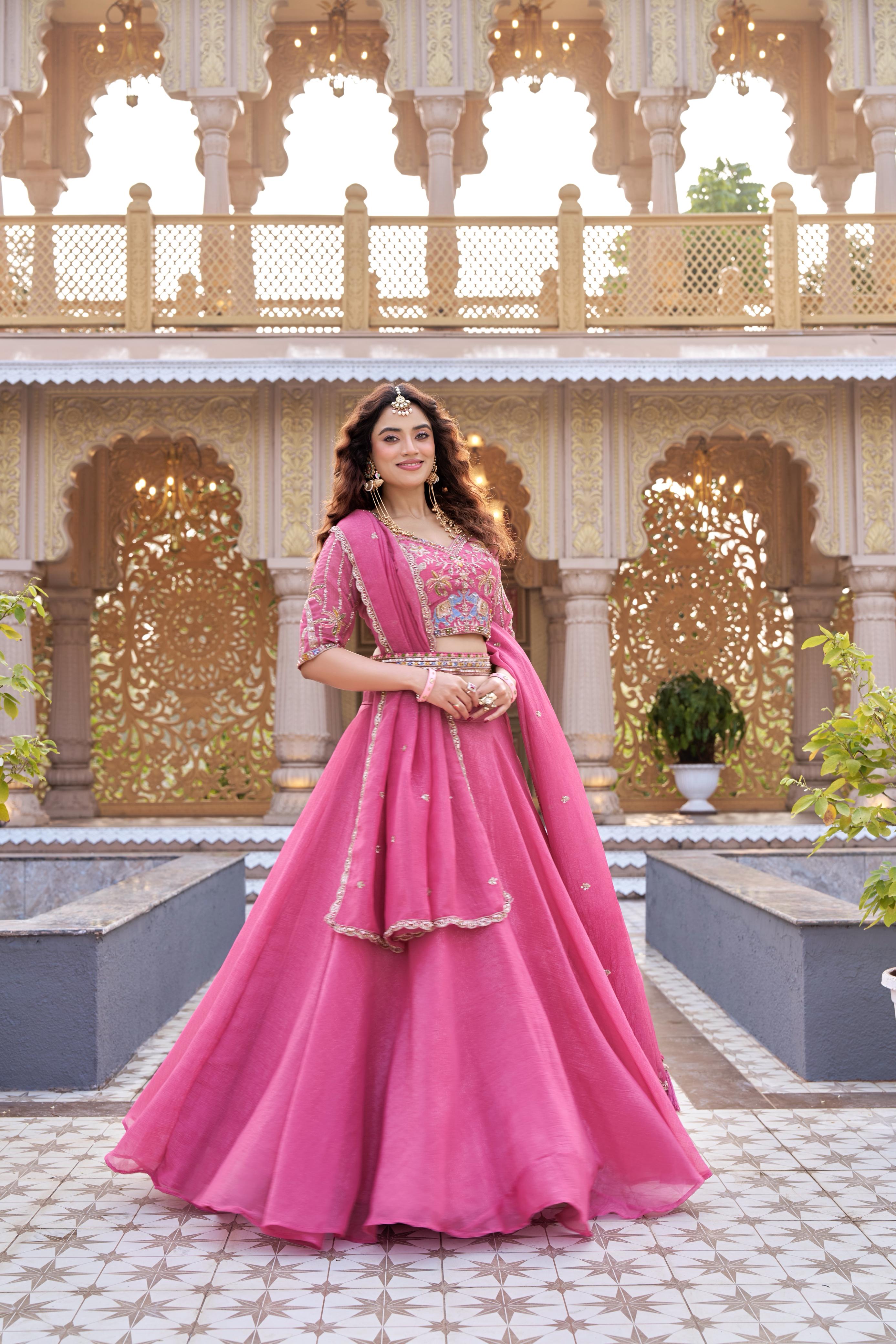 Royal Dual-Tone Lehenga Choli Beige & Rani Pink Embroidered Festive Wear