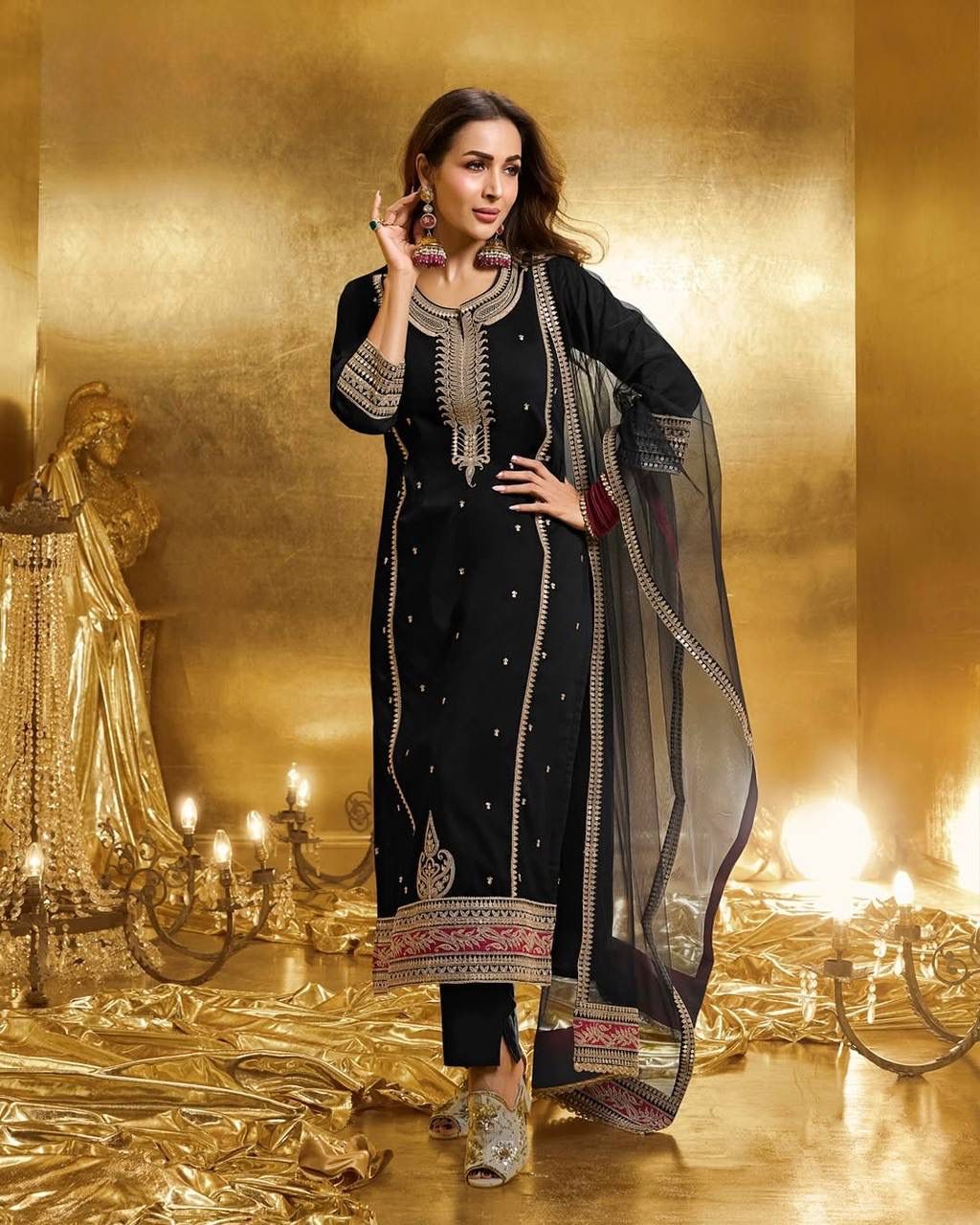 Elegant Black Embroidered Straight Kurta Set with Designer Border