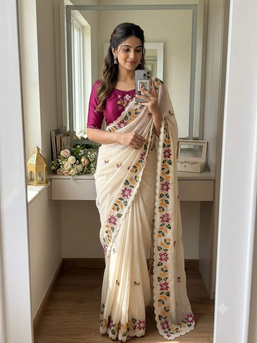 Elegant Floral Embroidered Scallop Border Saree Collection 🌸✨