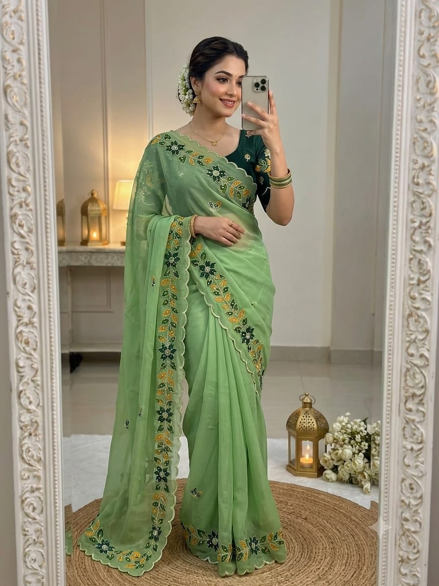 Elegant Floral Embroidered Scallop Border Saree Collection 🌸✨