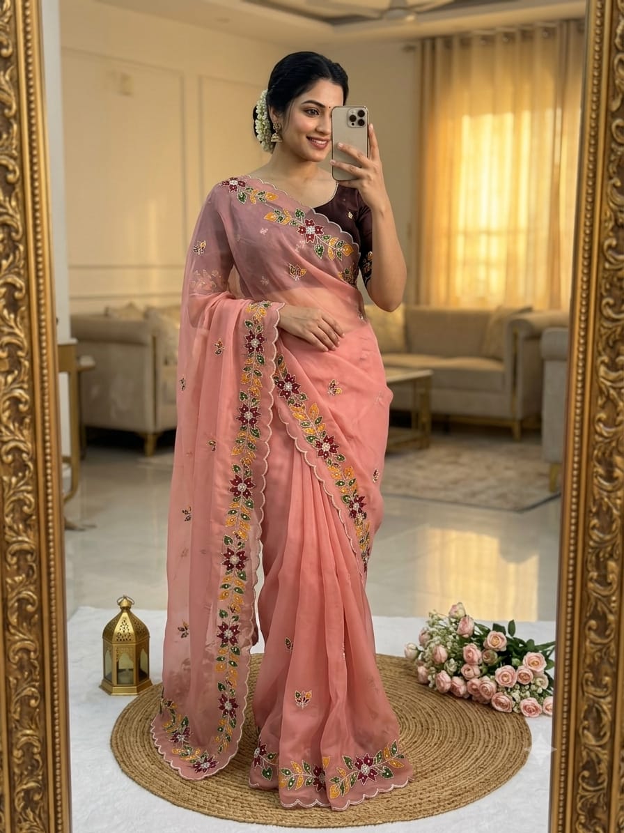 Elegant Floral Embroidered Scallop Border Saree Collection 🌸✨