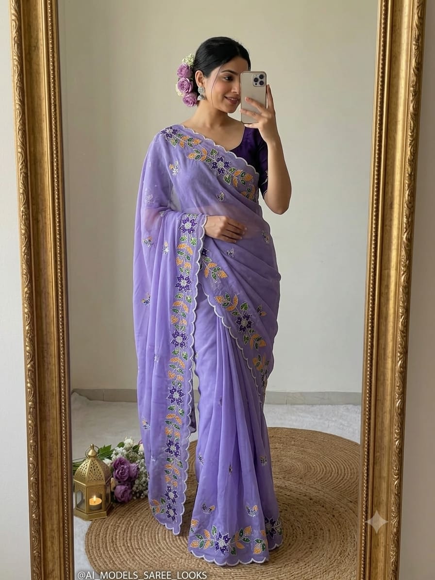 Elegant Floral Embroidered Scallop Border Saree Collection 🌸✨