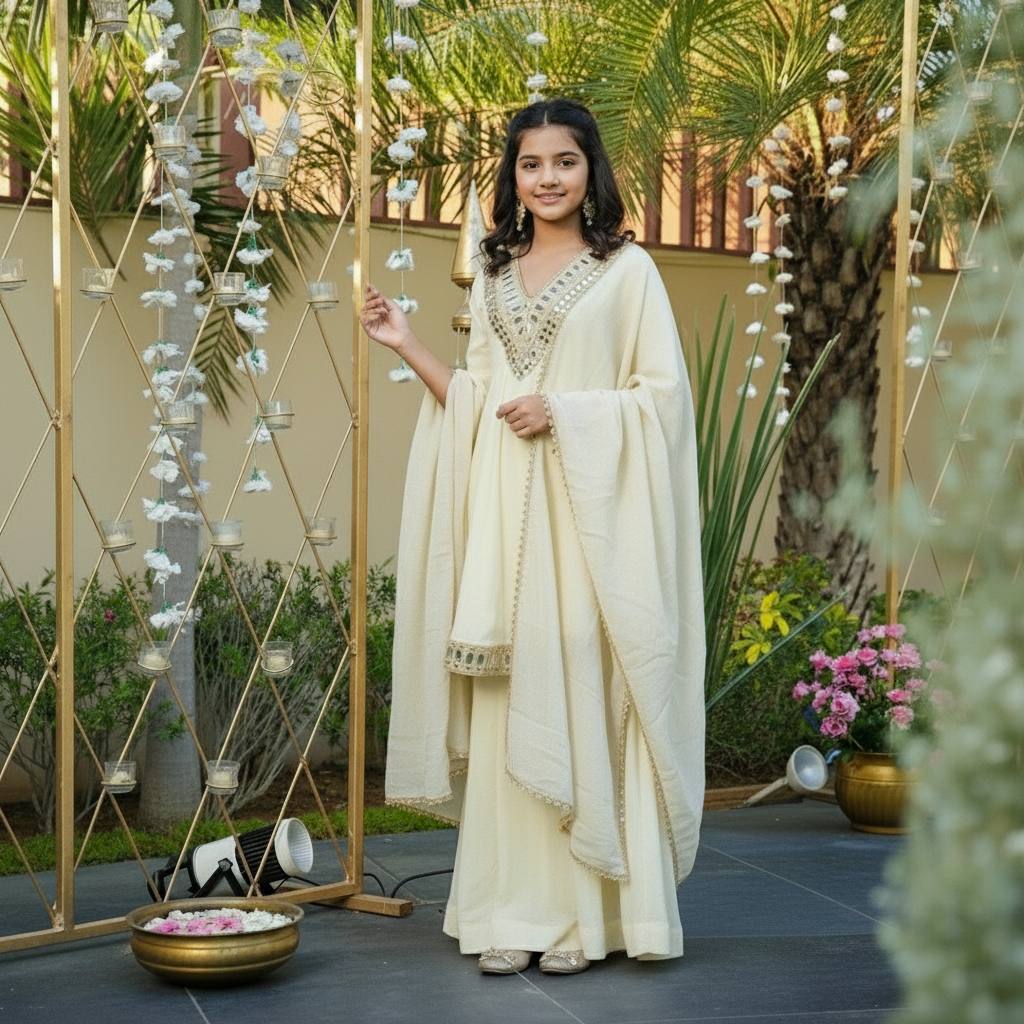 Thread with Real mirror With Fancy Sleeves Top Sharara & Dupatta Set