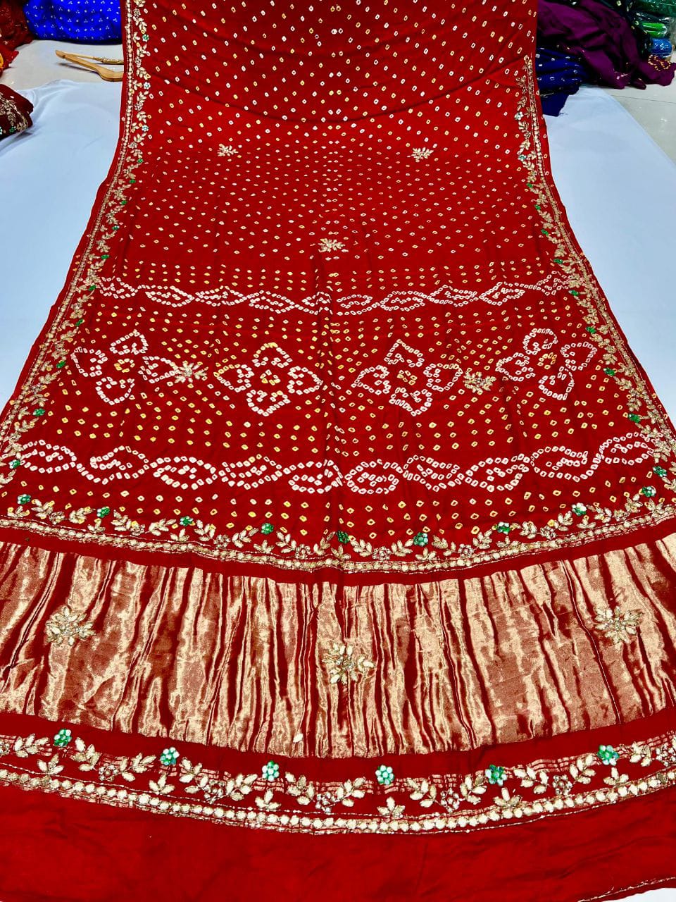 Gaji Silk Original Bandhani With Gota Pati Hand Work Saree