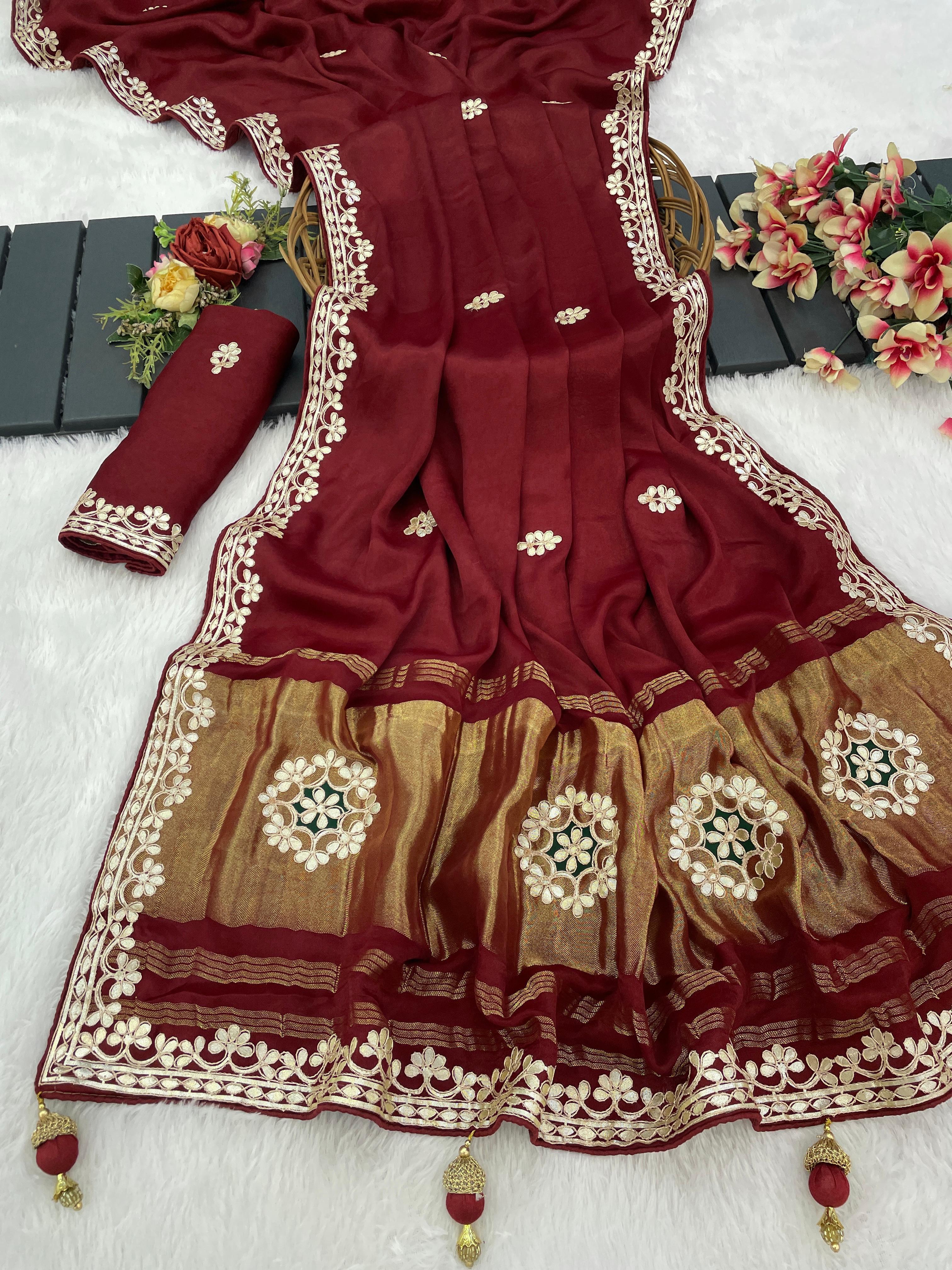 Gaji Silk Original Gala Pallu With Gota Pati Hand Work Saree