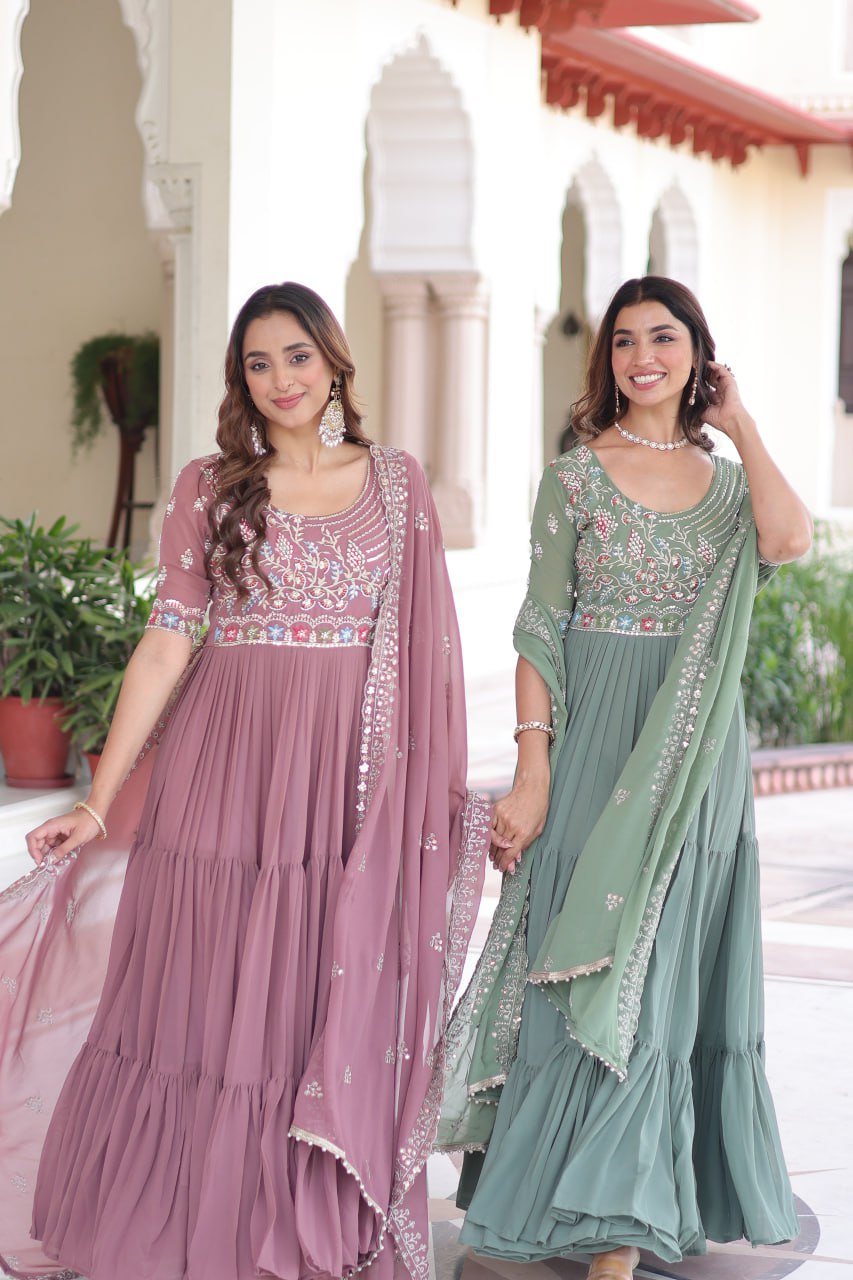 Faux Blooming With Sequins Multithreaded Beads Embroidered work Gown