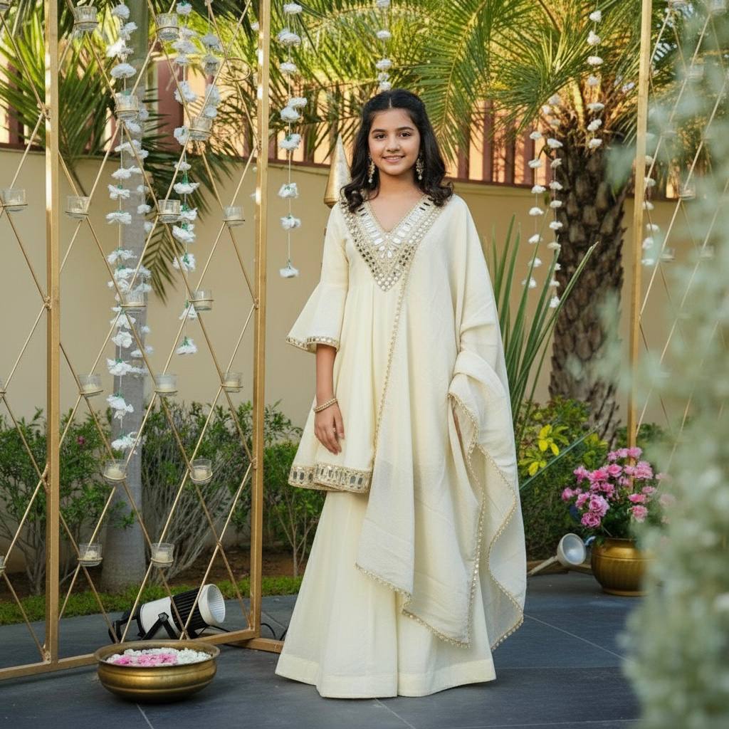 Thread with Real mirror With Fancy Sleeves Top Sharara & Dupatta Set