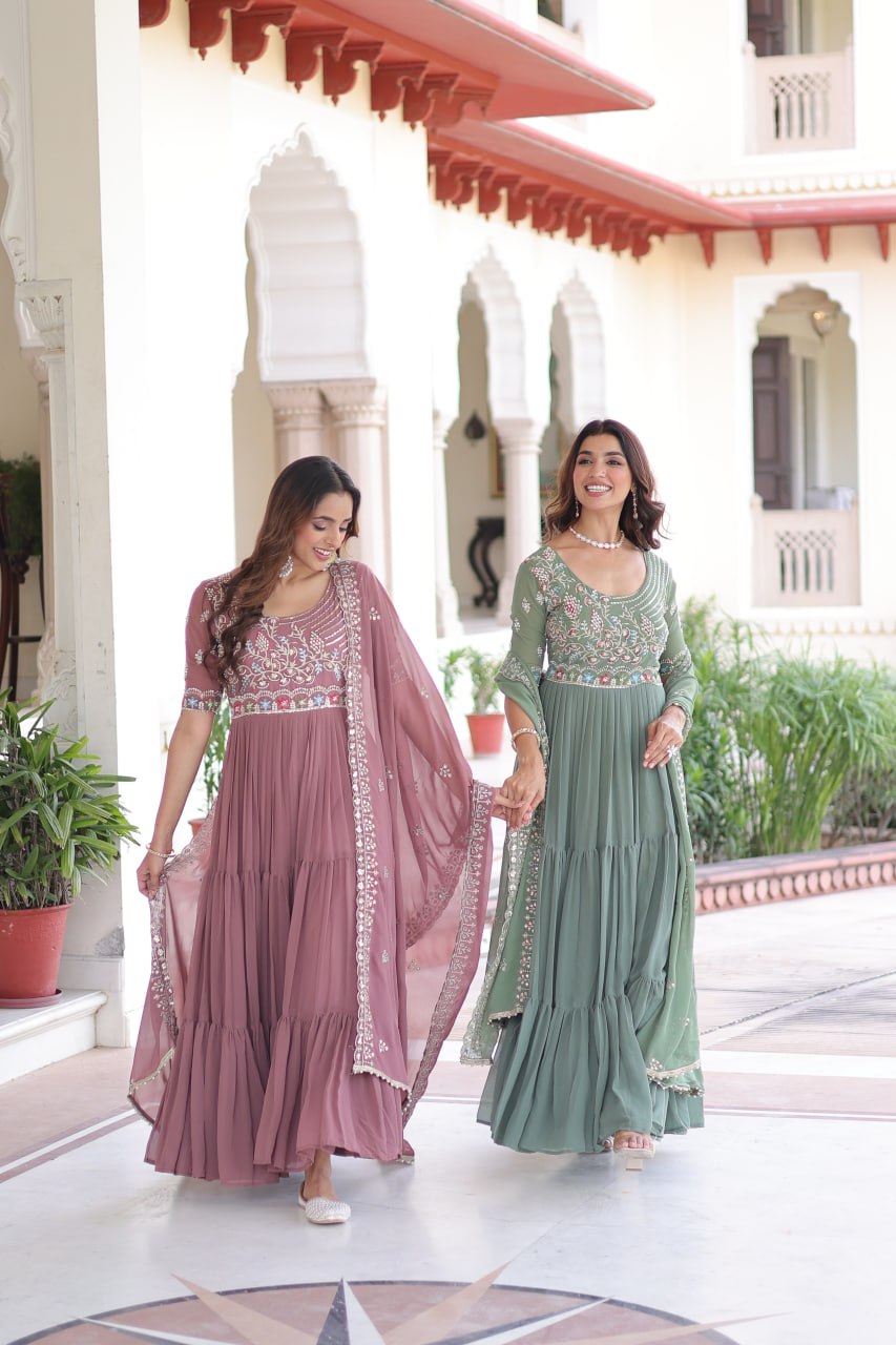 Faux Blooming With Sequins Multithreaded Beads Embroidered work Gown