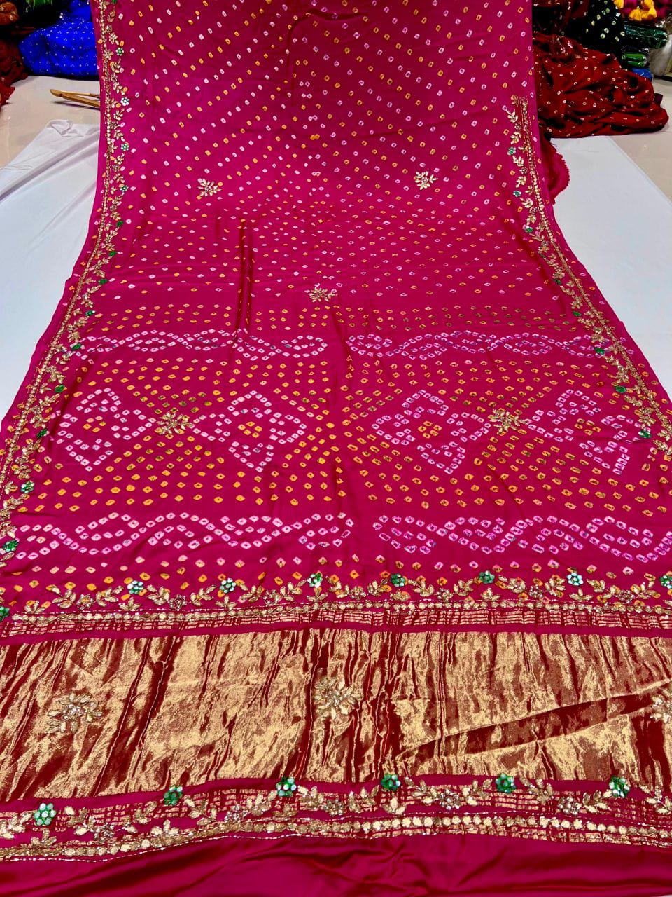 Gaji Silk Original Bandhani With Gota Pati Hand Work Saree
