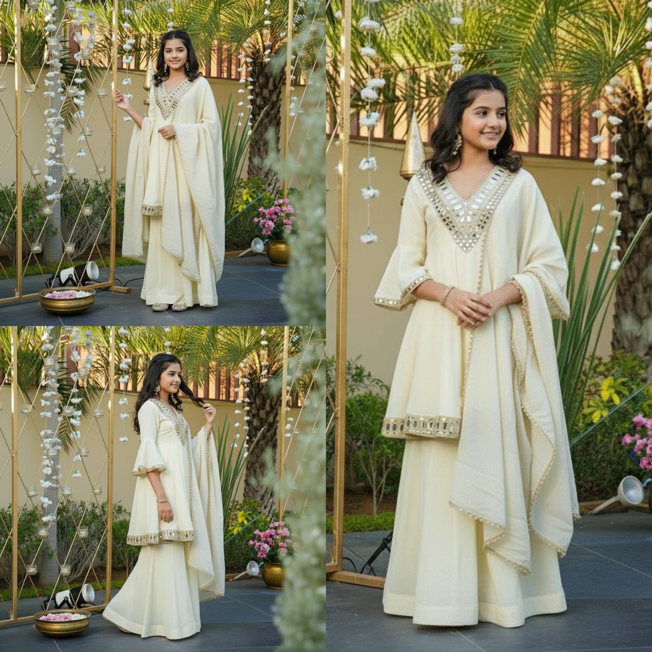 Thread with Real mirror With Fancy Sleeves Top Sharara & Dupatta Set