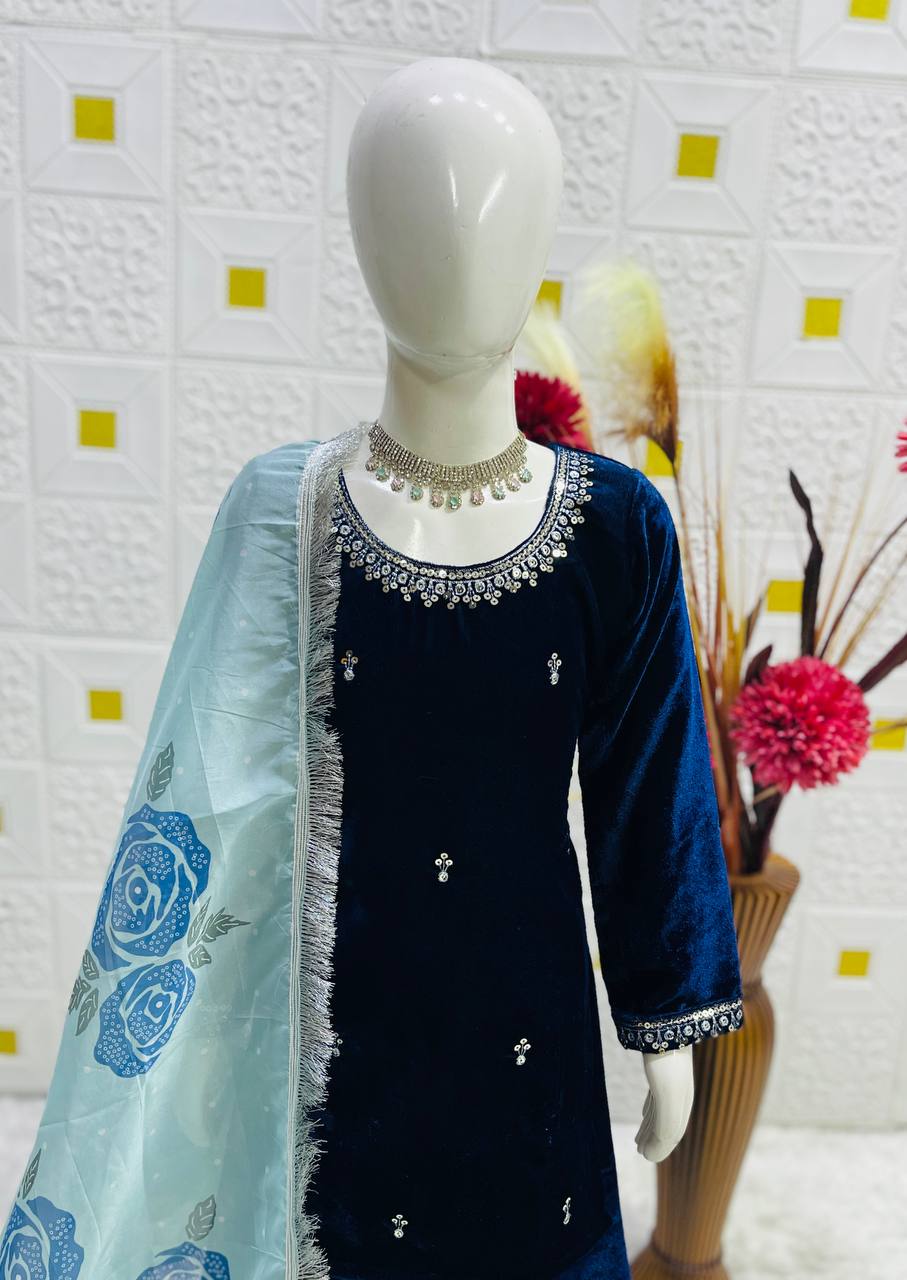 VISCOSE VELVET TOP-SHARARA AND DUPATTA SET