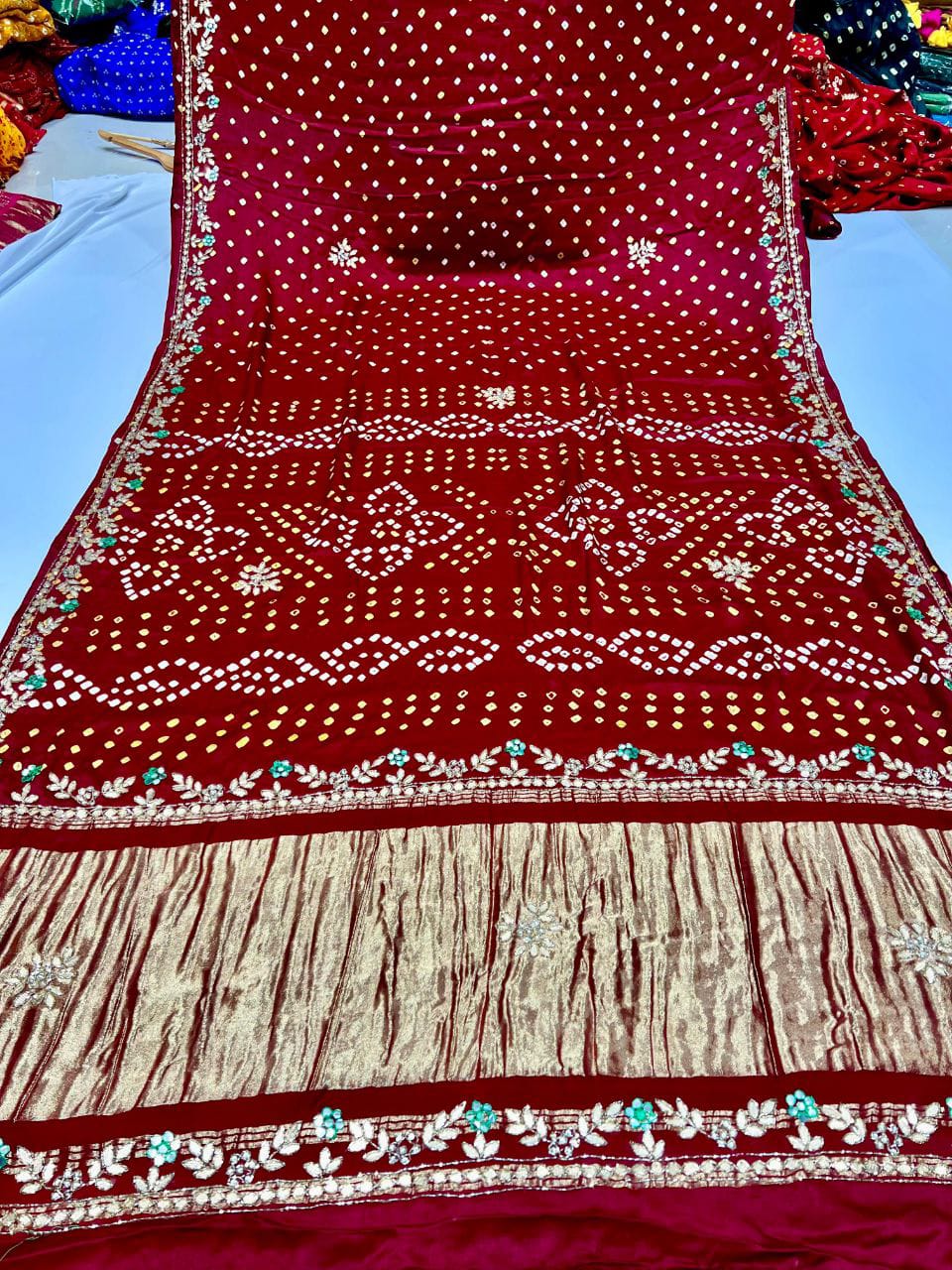 Gaji Silk Original Bandhani With Gota Pati Hand Work Saree